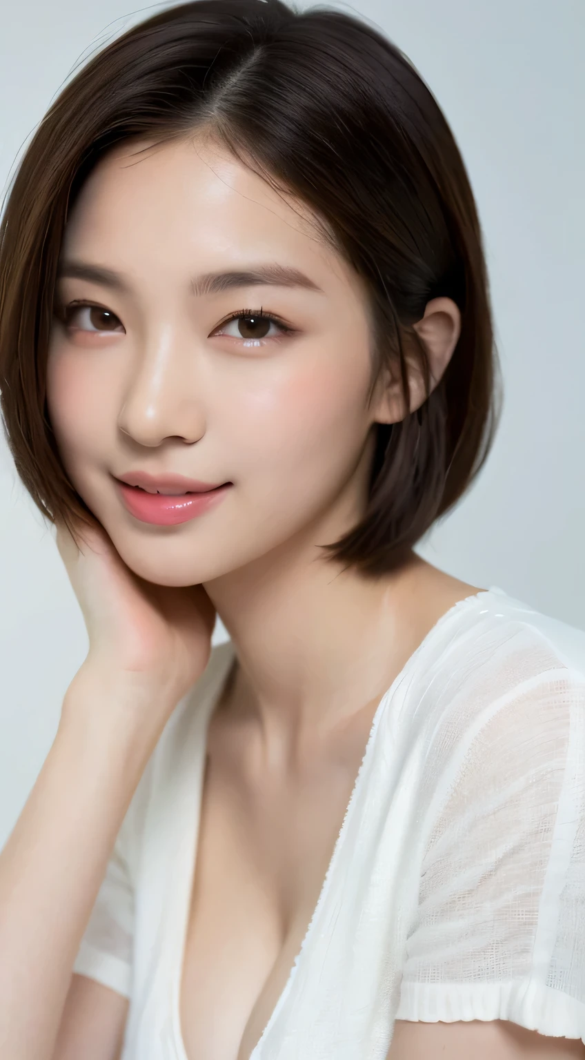 ((best image quality, 8K, master painting:1.3)), 1 girl huge big breasts, Beautiful woman with slender abs:1.3, (casual hairstyle, :1.2), sexy dress,Extra-fine face, detailed eye, double eyelid,With a smile。Let's take a photo with a cute pose,numbers are very bad,small small waist,big breasts,close,close chest,white skin,beautiful background