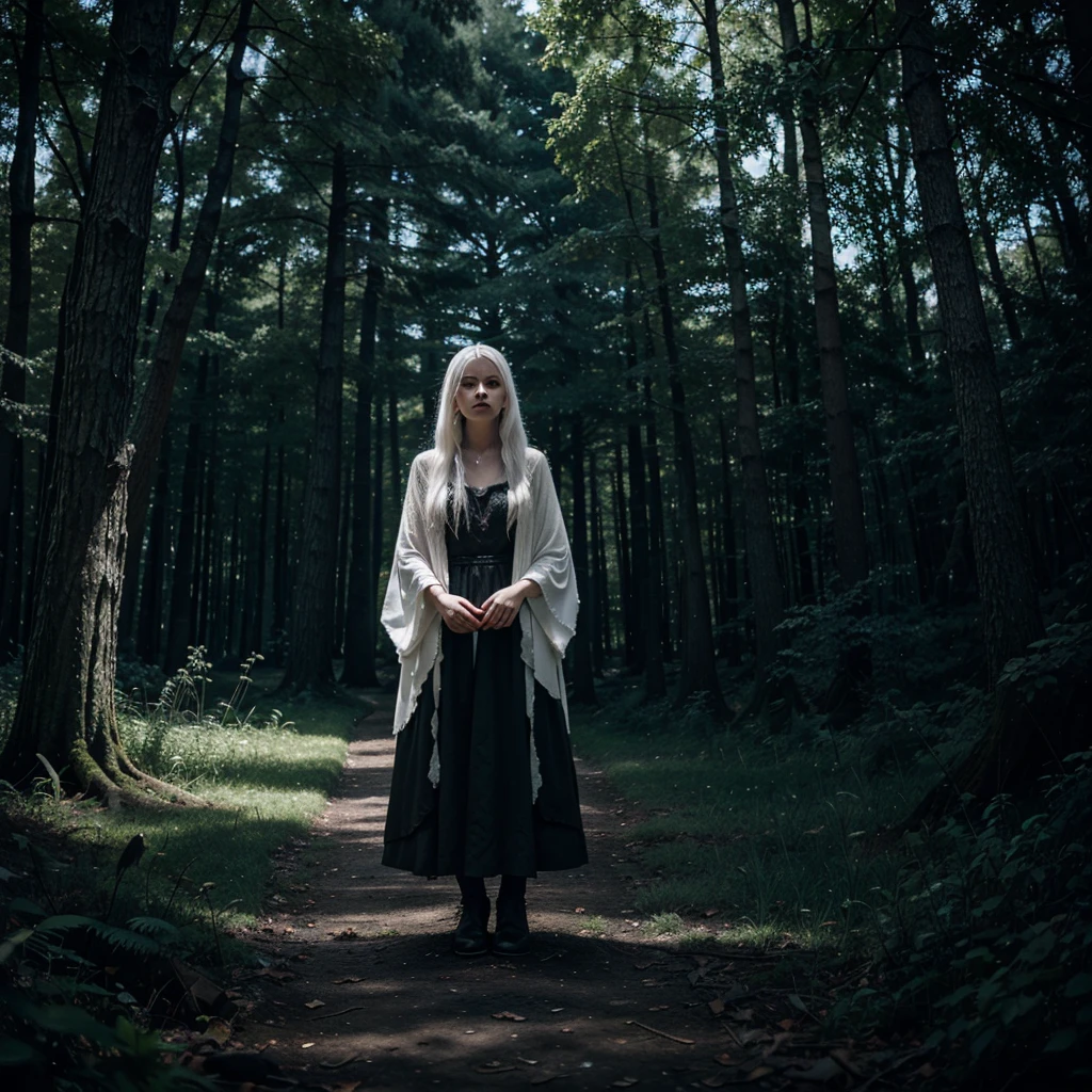 In the presence of the white-haired witch, the dark forest takes on a new life, an aura of enchantment and ancient secrets.