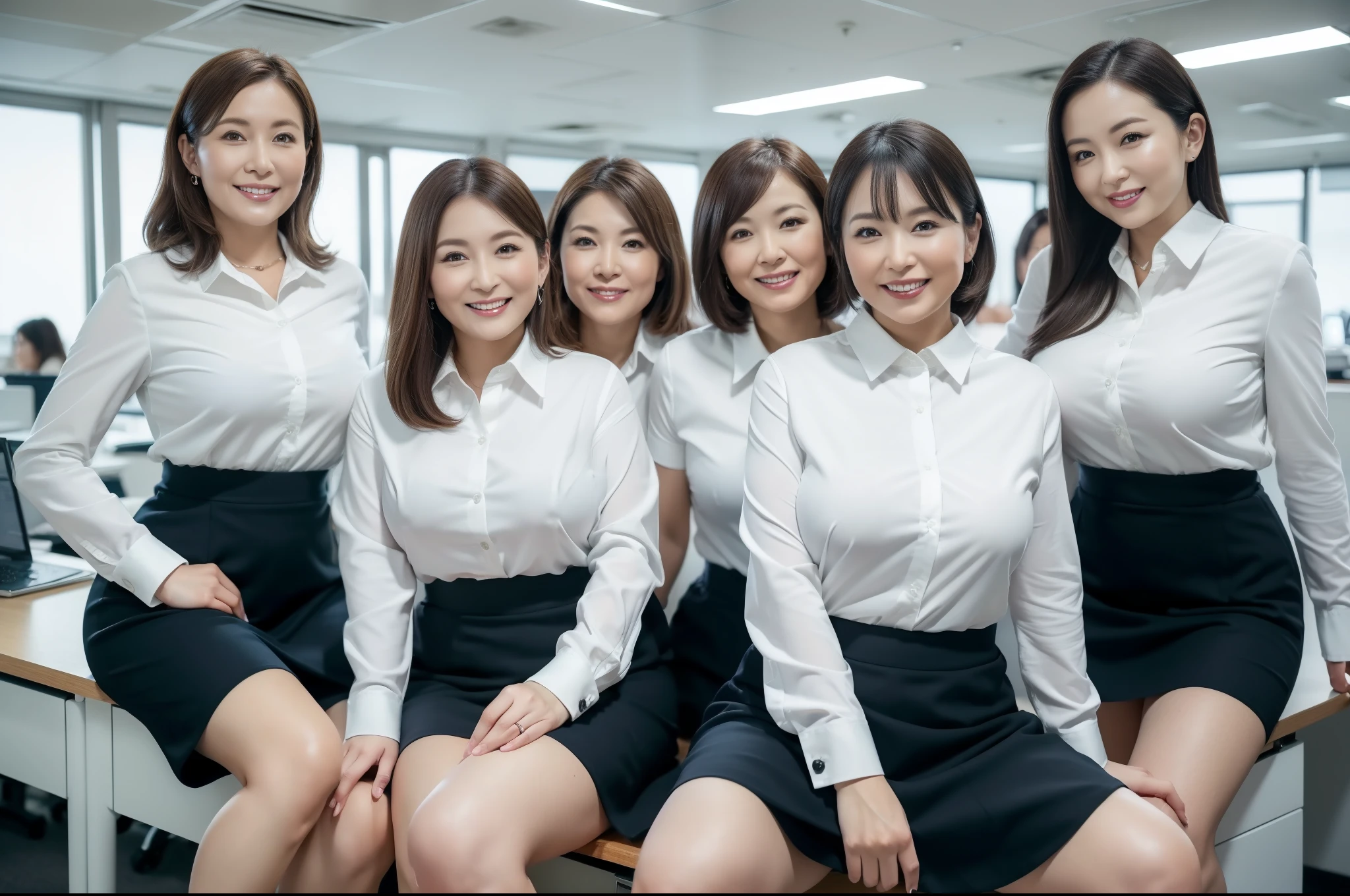 ((Best Quality, 8k, Masterpiecedetails, ultra-high resolution)), (group picture),(looking at the viewer), (full shot:), attractive business 5 milfs, 5 people, a bit chubby:0.25, seductive expression, white collared shirt, grey skirt, (sitting with cross legs on office desks)), smile, office of CEO,