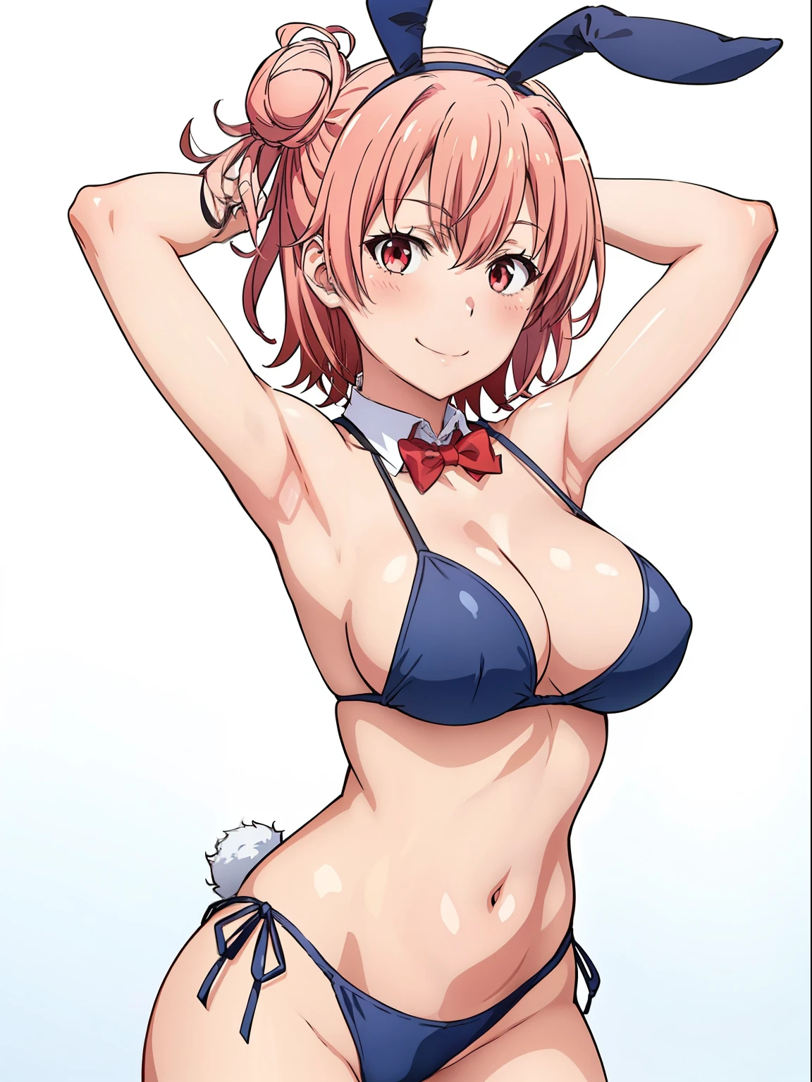 ((masutepiece, Best Quality, hight resolution, nffsw, Perfect Pixel, depth of fields, 4K, )), 1girl in, Solo, , Beautiful anime girl, Beautiful Art Style, close up, Looking at Viewer, Perfect body, Yuigahama Yui, Short hair, single hair bun, pink hair, (large boob), Full face blush, Smile, thighs thighs thighs thighs, navy playboy bunny, red bowtie, belly button, white background, hands behind head, armpits, cowboy shot, Focus,