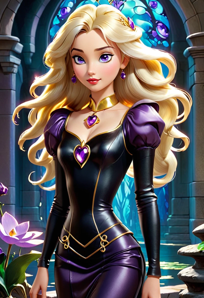 (( Odette also known as the Swan Princess)) in the ((animated movie created by Walt Disney)) Is a Slender, beautiful, fair skin, Woman with ((amethyst eyes)) ((long shiny blonde,)) a heart shape gold locket is around her neck. She wears a tightbodycon black leather dress with long black sleeves
