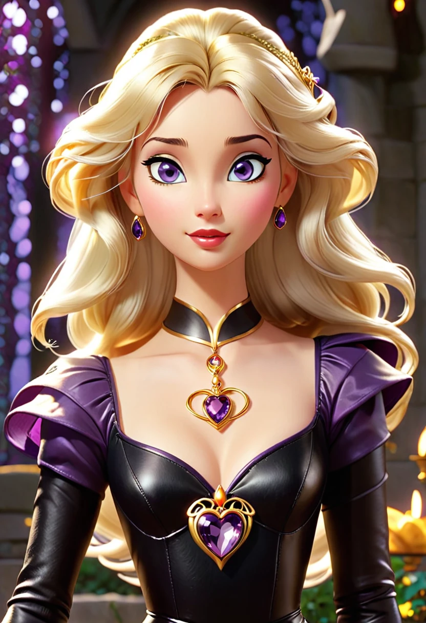 (( Odette also known as the Swan Princess)) in the ((animated movie created by Walt Disney)) Is a Slender, beautiful, fair skin, Woman with ((amethyst eyes)) ((long shiny blonde,)) a heart shape gold locket is around her neck. She wears a tightbodycon black leather dress with long black sleeves