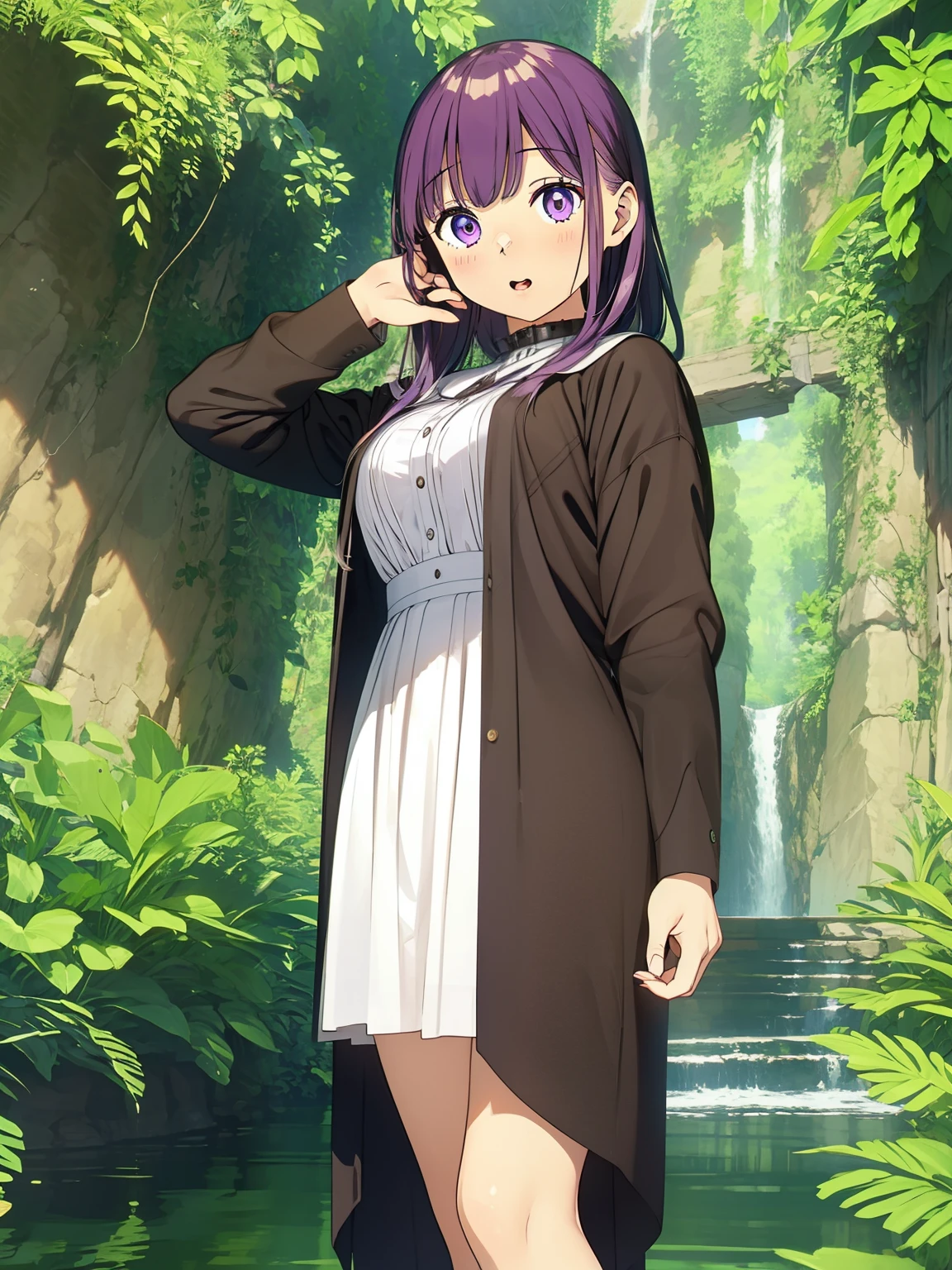 freirenFern, Fern, purple hair, long hair, purple eyes, dull bangs, side lock, half up hair, bright pupils, (big breasts, 1 girl), Ruffled collar, black robe, white dress, center ruffle, button, wide sleeve, long sleeve, crooked, Ruffled collar, BREAK&#39;s masterpiece, highest quality, High resolution, 8K, official art, super resolution, very detailed and beautiful, very detailed, Incredibly detailed, very detailed美しい女の子, very detailed顔, very detailed目, very detailed肌, very detailed指, very detailed鼻, very knowledgeable mouth, Perfect Anatomy BREAK Full Body Shot, look down, Pray BREAK HILL, nature, forest, very detailed CG unity 16k, Very detailed 16KCG wallpaper
