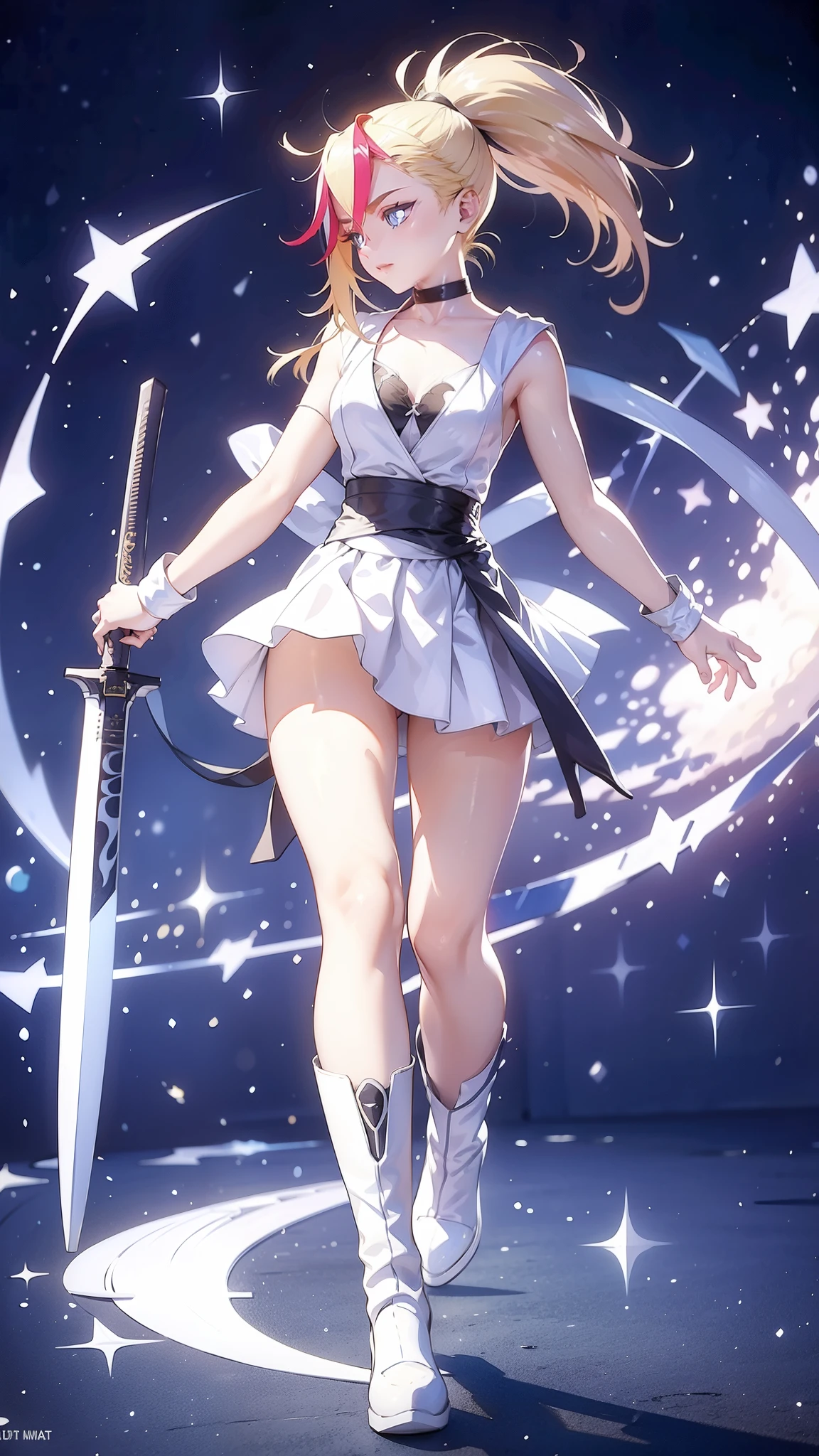 1 girl, ultra long hair, ultra detailed face, glowing lips, glowing blue eyes, very long ponytail, elegant walk, catwalk, holding down a  giant katana, blonde, long eyelashes, long boots , looking to the sky, starry sky, a ultra giant katana 