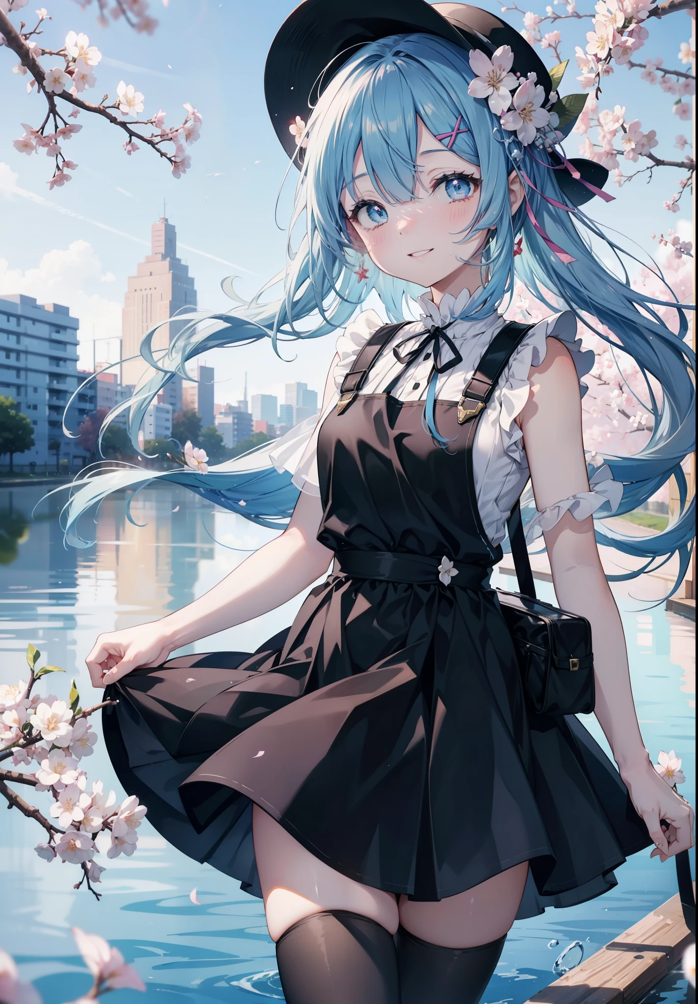 rezeroRem, Rem, blue eyes, blue hair, hair ornaments, hair above one eye, hair ribbon, long hair, x hair ornaments,happy smile, smile, open your mouth,skirt,Hunting Hat,Pink tank top shirt,bare arms,denim overalls,shorts,black tights,Mini Boots,cherry blossoms,cherry blossoms並木道,cherry blossomsが咲いている,cherry blossomsが散っている,morning,morning日,the sun is rising,
break outdoors, garden,
break looking at viewer, (cowboy shot:1. 5)
break (masterpiece:1.2), highest quality, High resolution, unity 8k wallpaper, (figure:0.8), (detailed and beautiful eyes:1.6), extRemely detailed face, perfect lighting, extRemely detailed CG, (perfect hands, perfect anatomy),