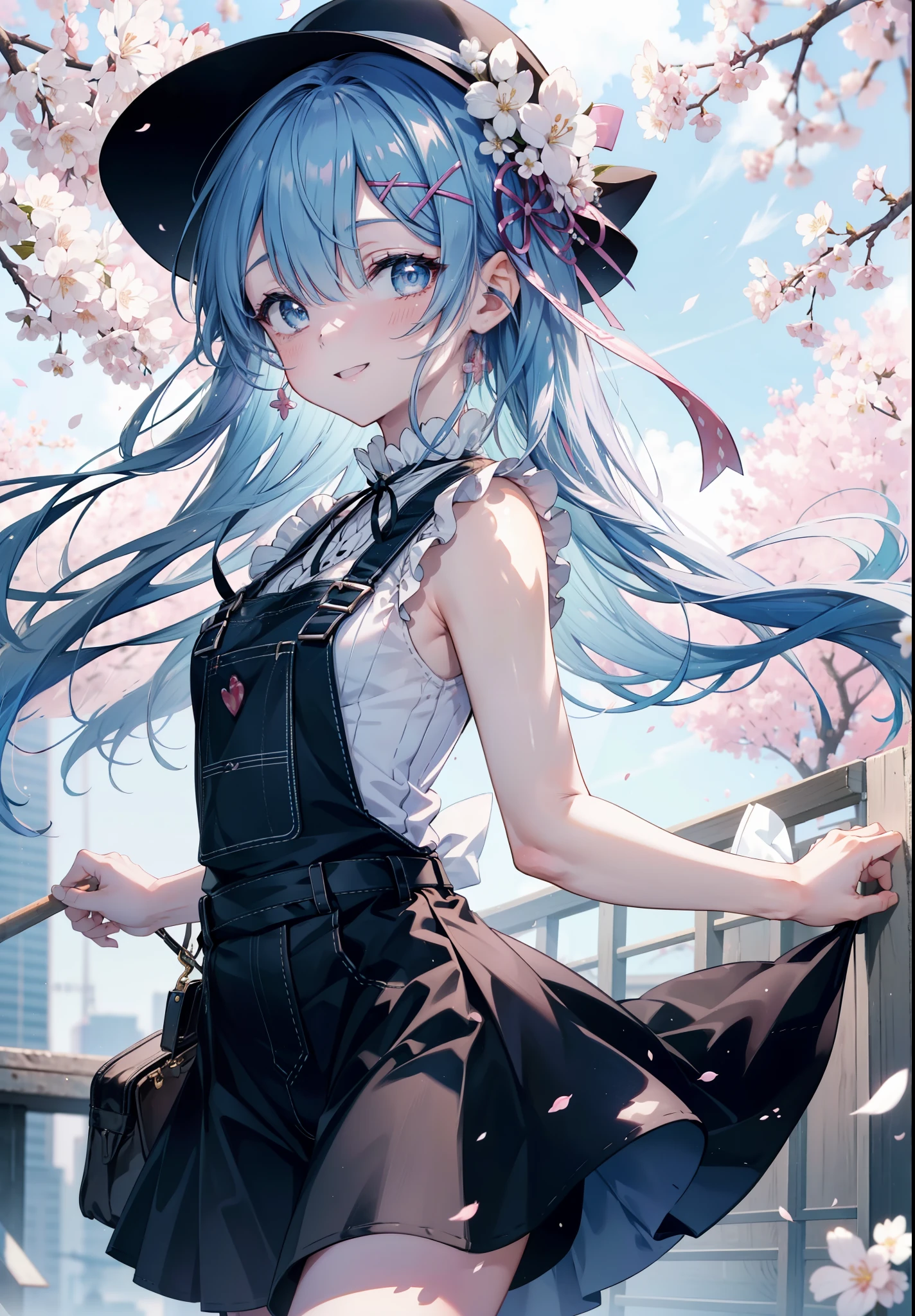 rezeroRem, Rem, blue eyes, blue hair, hair ornaments, hair above one eye, hair ribbon, long hair, x hair ornaments,happy smile, smile, open your mouth,skirt,Hunting Hat,Pink tank top shirt,bare arms,denim overalls,shorts,black tights,Mini Boots,cherry blossoms,cherry blossoms並木道,cherry blossomsが咲いている,cherry blossomsが散っている,morning,morning日,the sun is rising,
break outdoors, garden,
break looking at viewer, (cowboy shot:1. 5)
break (masterpiece:1.2), highest quality, High resolution, unity 8k wallpaper, (figure:0.8), (detailed and beautiful eyes:1.6), extRemely detailed face, perfect lighting, extRemely detailed CG, (perfect hands, perfect ???????),
