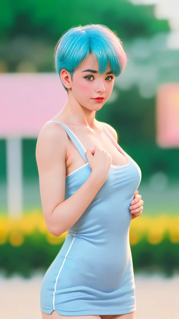 (Ultra realistic 16k), (extremely complex:1.3), (realistic), very white tall girl, seductive face, sexy eyes, blushing cheeks, beautiful, sexy hot, short cyan blue hair, sexy pink dress, pale skin, sexy cleavage, narrow waist, hot hips, beautiful hot legs, 25 years old, (beautiful tall body), professional photography of a stunning woman detailed, sharp focus, dramatic, award-winning, cinematic lighting, volumetric dtx, (film grain, blurred background, blurred foreground, Bokeh, depth of field, motion blur:1.3), multiple hot sexy poses. 