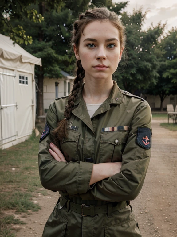 French braid, brunette, pale skin, military, outdoor, barracks, crossing arms