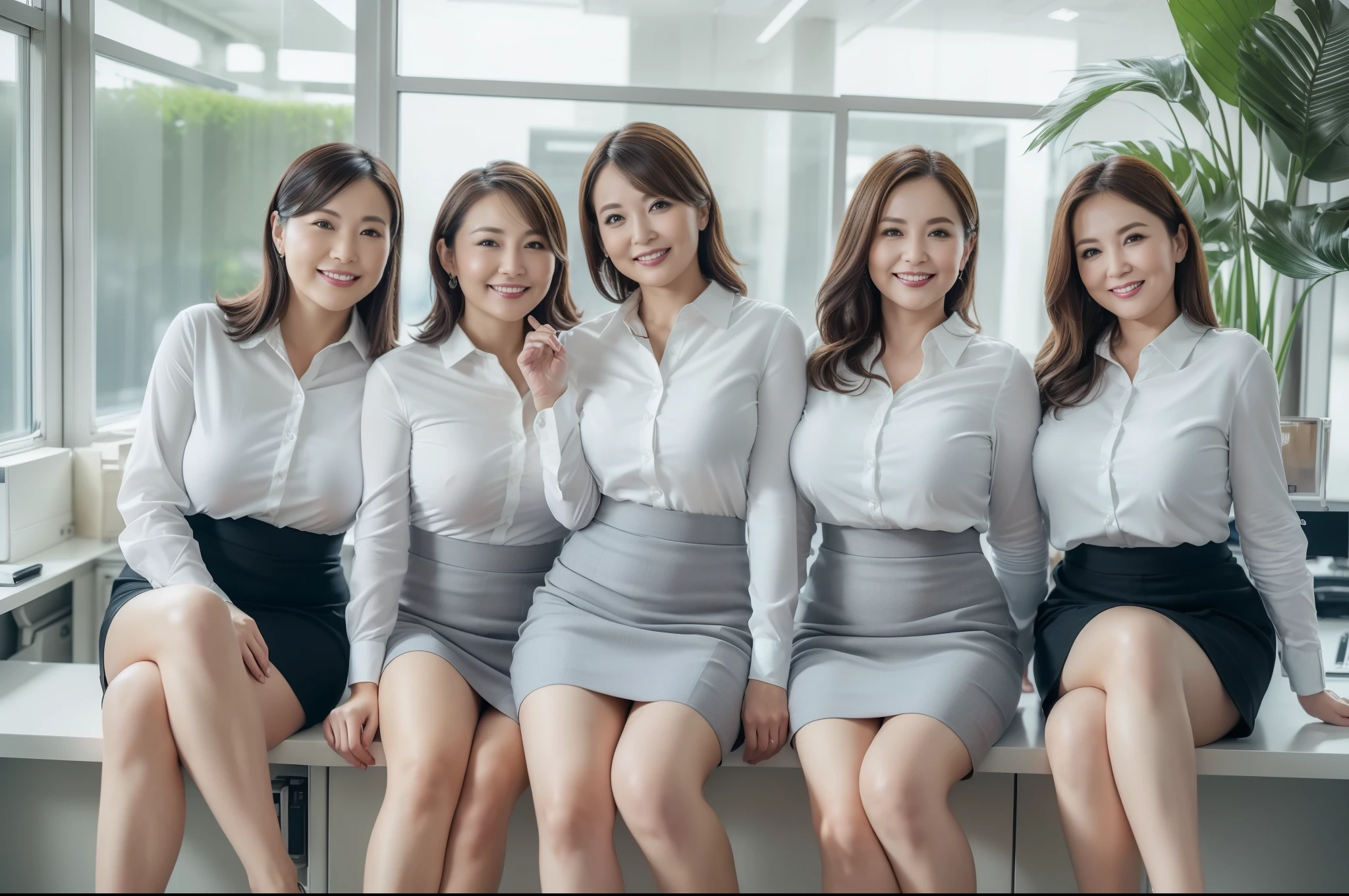 ((Best Quality, 8k, Masterpiecedetails, ultra-high resolution)), (group picture),(looking at the viewer), (full shot:), attractive business 5 milfs, 5 people, a bit chubby:0.25, seductive expression, white collared shirt, grey skirt, (sitting with cross legs on office desks)), smile, office of CEO,