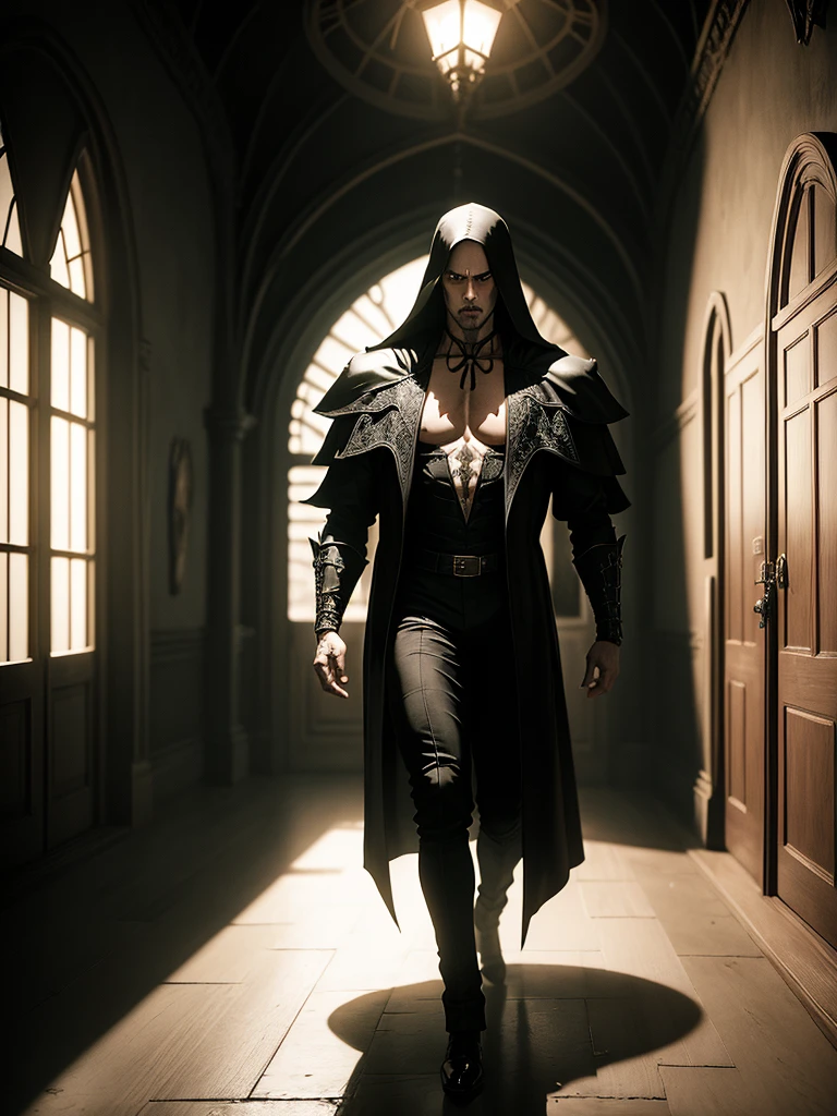Um homem vampiro, appearance of 30 years, capa preta, Castlevania, (detalhado), In the hall of a gloomy castle, noite.