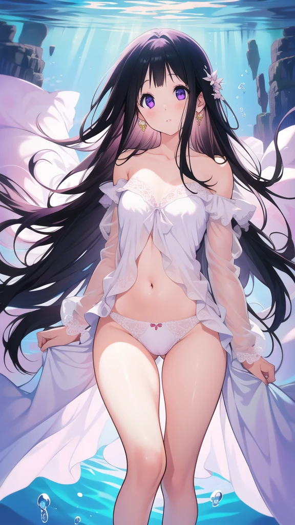 Stunning Chitanda, There is only one beautiful girl，purple eyes, black hair, Naturally straight hair, straight bangs，extremely refined，lips open，flowing long hair，Peerless beautiful girl, dreamlike，Slim，soft, (Sensual), (kawaii), Dream quality，White loose pajamas，no underwear，Dive underwater，bare shoulders，Clavicle exposed，bare neck，Bare thighs，Exposing the groin，camel toe，bare legs，barefoot，extremely shy，ultra high resolution, (masterpiece:1.2, best quality), (Exquisite and beautiful eyes: 1.2), (Beautiful and delicate face)