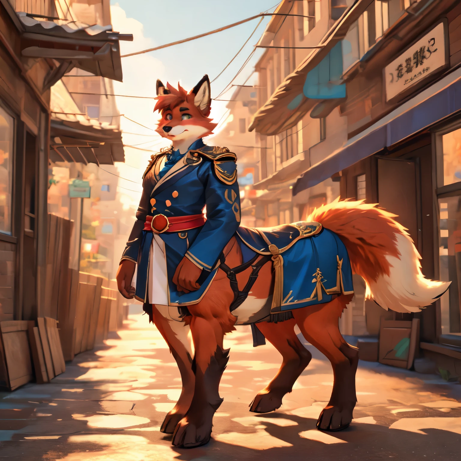 (((1girl))), fox furry, fox fursona, ((red fur)), anthropomorphic, furry anthro, fox, ((feminine clothing)), ((no pants)), fluffy, 8k, 4k, masterpiece, highres, best quality, high quality, standing, (((full body))), streets, ((solo)), furry hands, furry taur, taur, ((massive fluffy tail)), oppai, female