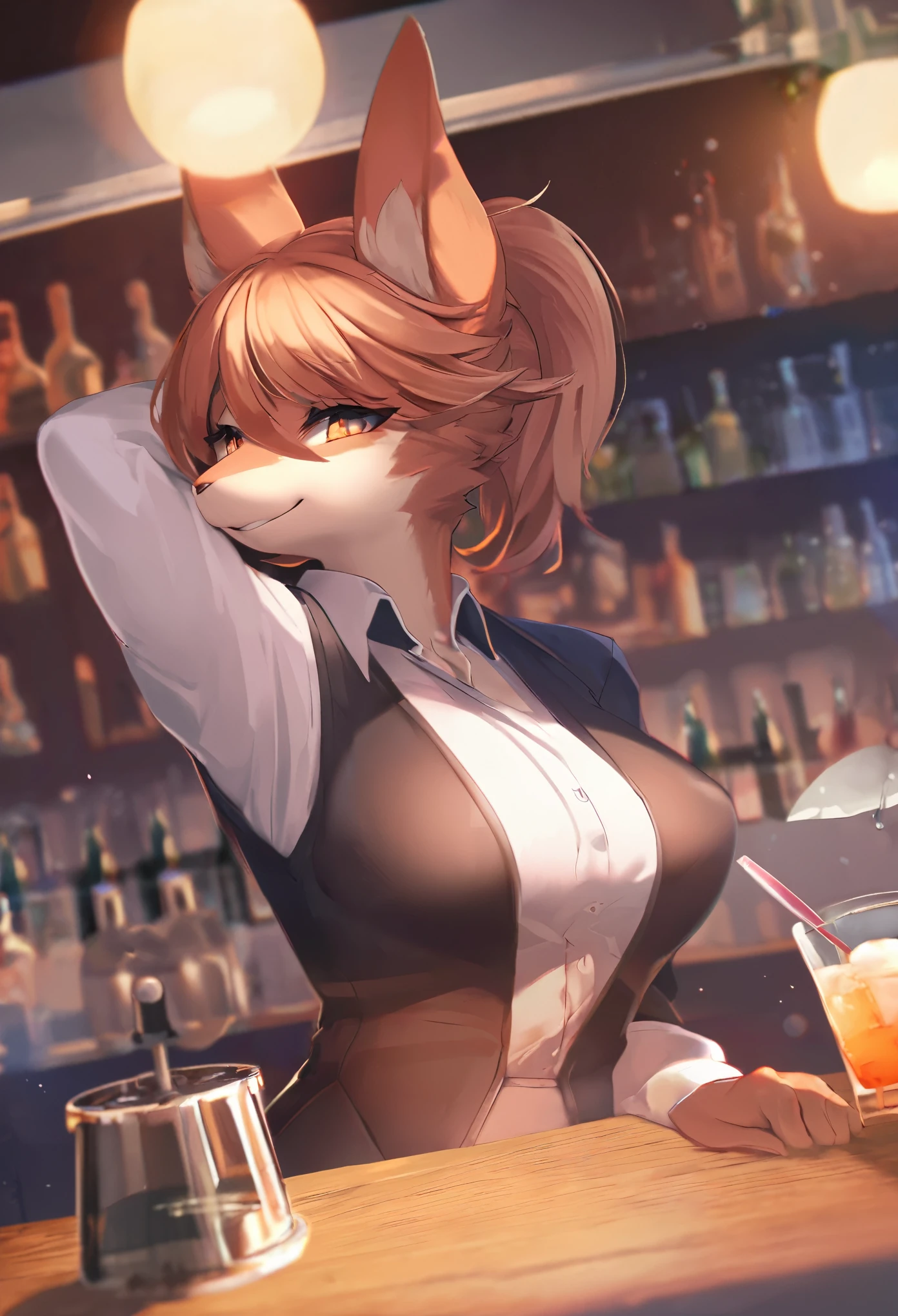 top quality, best quality, High-quality illustrations, masterpiece, super high resolution, detailed background, female leopard bartender, (kemono, furry anthro), medium breasts, (((sitting on the bar))), white open button shirt, red bow tie, white cotton panties, bar, (spread open legs) , ((shot glass on bar between legs)) pouring a shot of whisky, on the bar, between her legs, cocktail, absurdres(highly detailed beautiful face and eyes)perfect anatomy, expression, good lighting, cinematic shadow, assorted happy poses, dynamic angle,