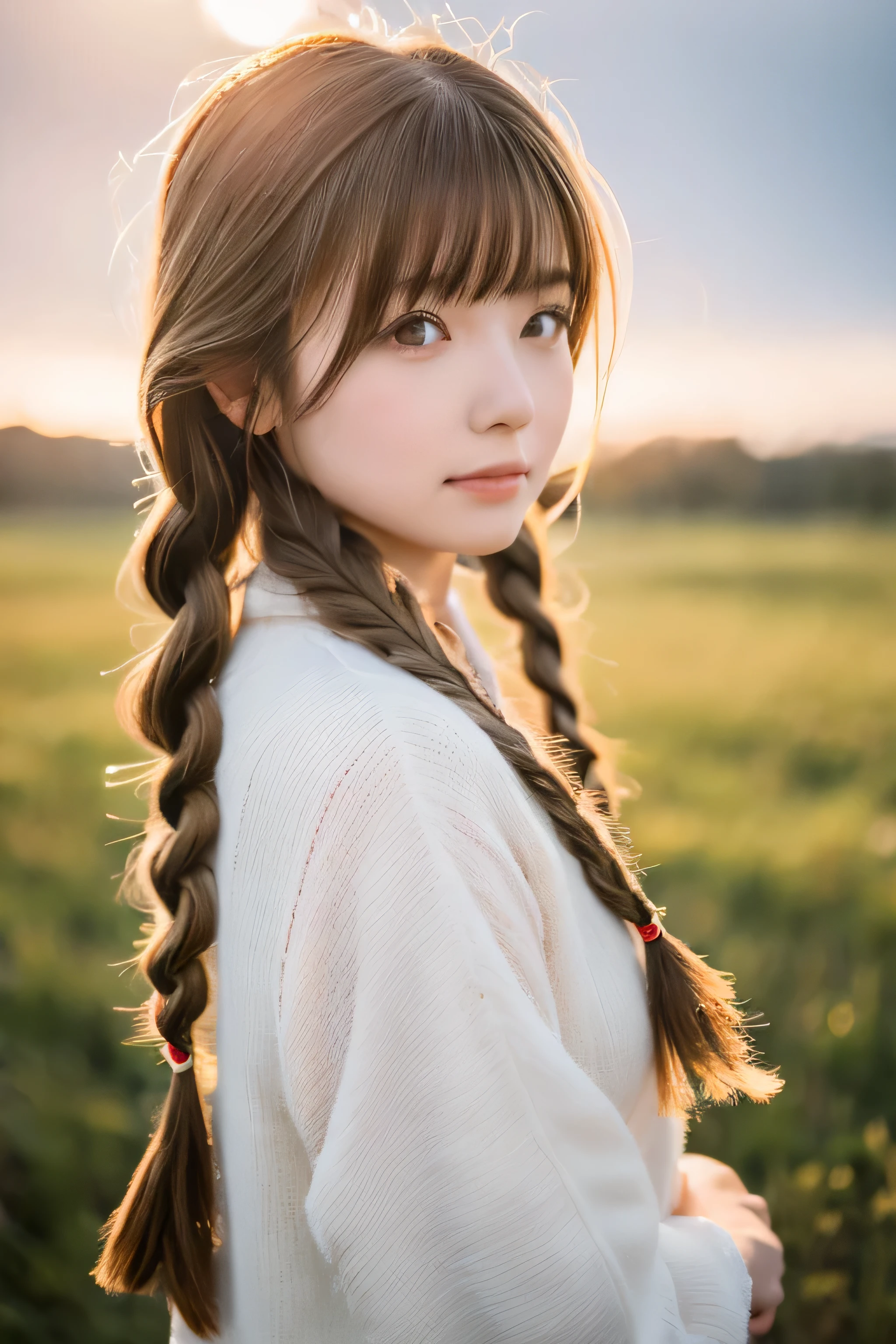 ((hair blowing in the wind、No makeup:1.2))、(realistic、Photoreal、super detailed、best detailed skins、highest quality、masterpiece、超A high resolution)、cute russian woman、14 years、high school girl、young girl、1 girl、have bangs、ash blonde:1.7、double eyelid、drooling eyes、Japanese style face、purity、realistic skin type、fluffy hair、red cheeks、The wind is blowing、night、illumination、lighting from behind、hair blowing in the wind、firm chest、short hair((braid hair))