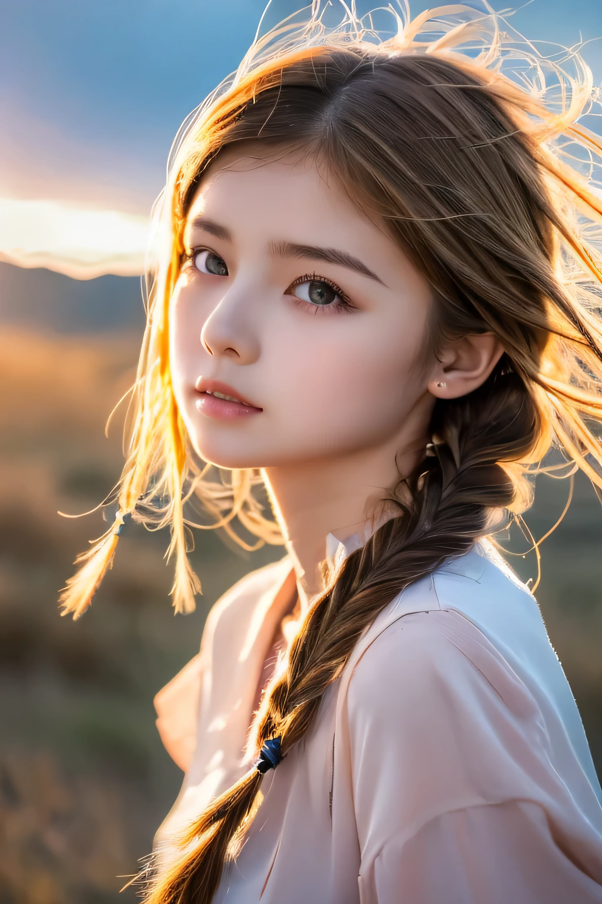 ((hair blowing in the wind、No makeup:1.2))、(realistic、Photoreal、super detailed、best detailed skins、highest quality、masterpiece、超A high resolution)、cute russian woman、14 years、high school girl、young girl、1 girl、have bangs、ash blonde:1.7、double eyelid、drooling eyes、Japanese style face、purity、realistic skin type、fluffy hair、red cheeks、The wind is blowing、night、illumination、lighting from behind、hair blowing in the wind、firm chest、short hair((braid hair))