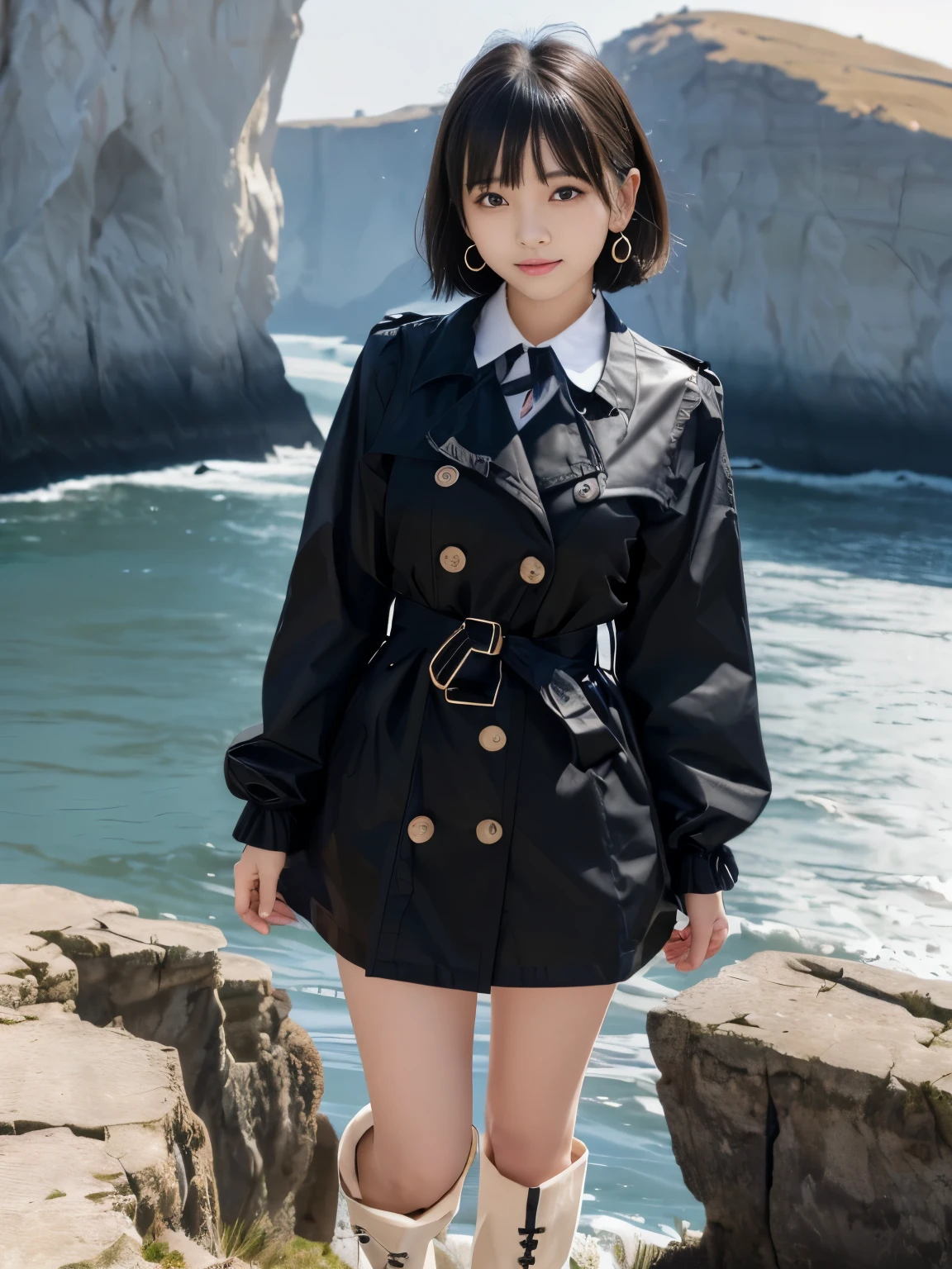 (Masterpiece, Best-quality, RAW-photo, Super-high-quality, Highest-quality, Photorealistic, 8K photo, NSFW),
(anatomically correct, accurate human body, realistic person)
(Thin waist and busty style body, -yeld, Restic Japanese girl, short height, Kawaii Japanese, angelic beauty),
(knee length trench coat, long black boots, turn up the collar, close all buttons),
(full length, whole body, standing, See photographer, look at viewer, turn the body forward, hold handcuffs, hand out handcuffs),
(maiko, angelic beauty, Round face, Black hair, Black eyes, Moist eyes, Shining eyes, Short bob cut, Bangs, Down-slating eyebrows, one little earring),
(close eyes, open your mouth wide, shout at the camera),
(sheer cliff, Cliff in midwinter, strong wind is blowing)
bright lighting