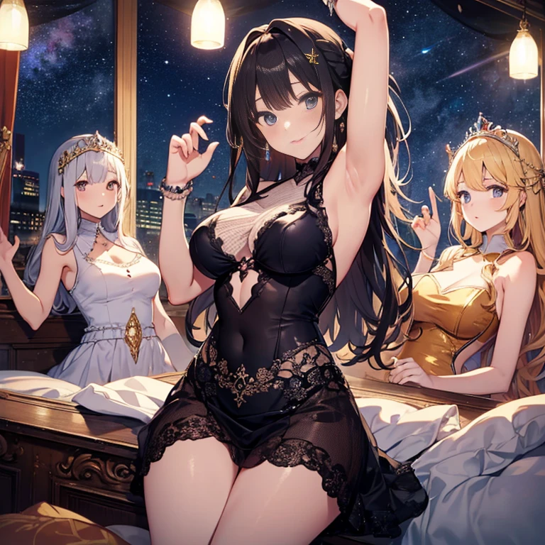 A group of young princesses, (in bedroom), various hair styles, harem, wearing royal dress, night, details face, , short skirt, seducing, sleeveless , showing armpits, night, starry night