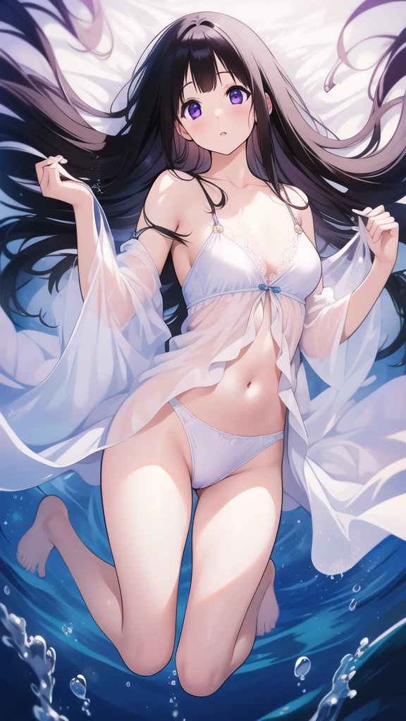 Stunning Chitanda, There is only one beautiful girl,purple eyes, black hair, Naturally straight hair, straight bangs,extremely refined,lips open,flowing long hair,Peerless beautiful girl, dreamlike,Slim,soft, (Sensual), (kawaii), Dream quality,White loose pajamas,no underwear,Dive underwater,bare shoulders,Clavicle exposed,bare neck,Bare thighs,Exposing the groin,,bare legs,barefoot,extremely shy,ultra high resolution, (masterpiece:1.2, best quality), (Exquisite and beautiful eyes: 1.2), (Beautiful and delicate face)
