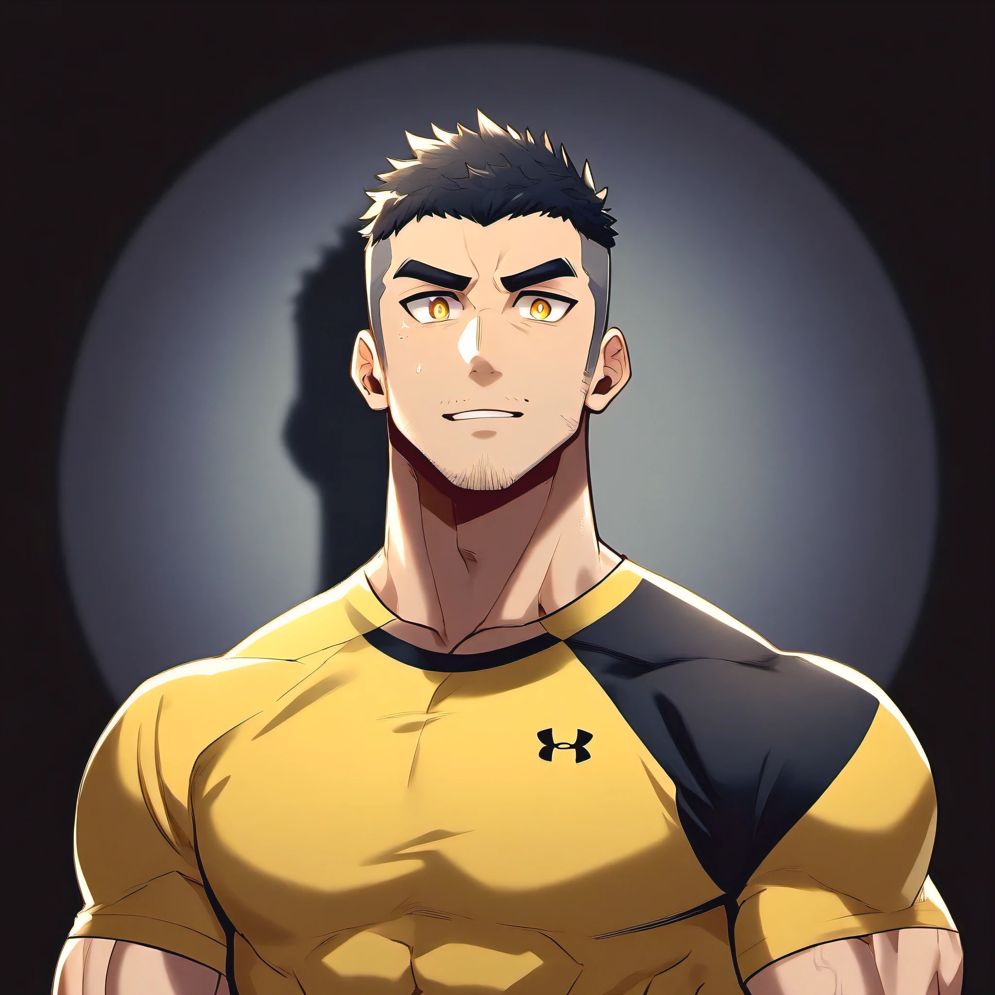 anime characters：Gyee, Fitness coach, 1 muscular tough guy, Manliness, male focus, Yellow and black tight T-shirt, Under Armour brand sports tight T-shirt, Slightly transparent, muscular male, muscular, only, Upper body, alone, Black short hair, Thick eyebrows, stubble, Yellow eyes, Black background, simple background, amazing quality, best aesthetics, Ridiculous, bright pupils, crew cut, parted lips, embarrassed, ?????? smile, drop shadow, best quality