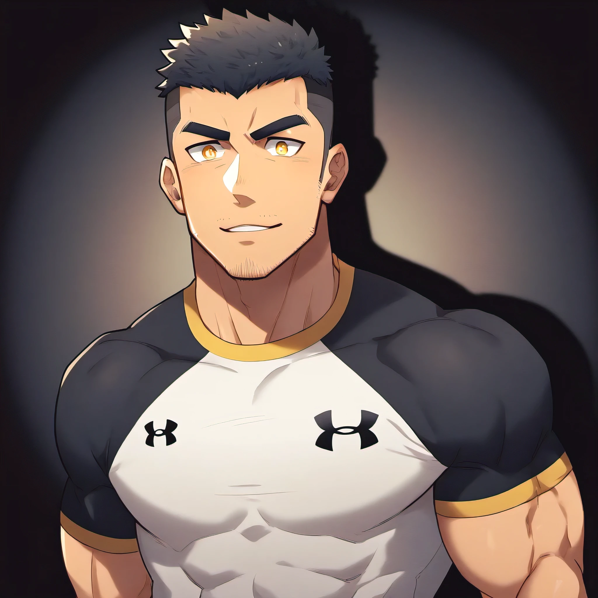 anime characters:Gyee, Fitness coach, 1 muscular tough guy, Manliness, male focus, Yellow and black tight T-shirt, Under Armour brand sports tight T-shirt, Slightly transparent, muscular male, muscular, only, Upper body, alone, Black short hair, Thick eyebrows, stubble, Yellow eyes, Black background, simple background, amazing quality, best aesthetics, Ridiculous, bright pupils, crew cut, parted lips, embarrassed, forced smile, drop shadow, best quality