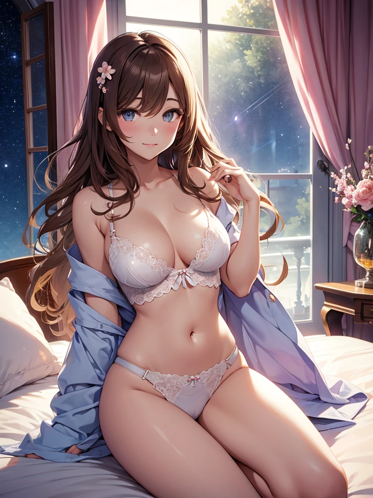 Highest image quality、Beautiful woman sleeping in bed(lieing on bed) Femme fatale、Fujiko Mine、elegant、low angle、Beautiful eyes、Gentle atmosphere、beautiful underwear、front、low angle、a lot of cherry blossom、brown hair、sexy、Sweat、Arms up and behind、friendly smile、hotel room、fantastic light、magic light、mysterious light、rembrandt Light Magical Gentle Light 、starrynight,full body stockings、big breasts、bust 90、detailed groin、open your legs、window、starry sky、beautifulstarrynightnight view、Beautiful decoration、art nouveau、Alphonse..Mucha、falling petals、ART、UHD、highest quality、masterpiece、SHARP、