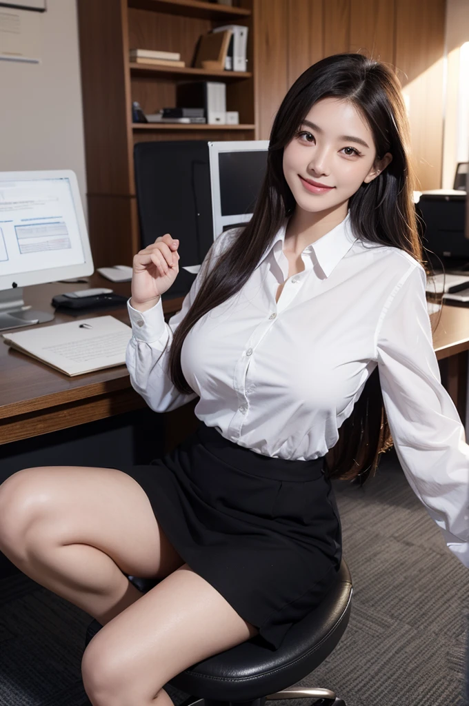 (natural background), masterpiece, highest quality, figure, Super detailed, finely, High resolution, 8k wallpaper, 完璧なダイナミックな構figure, detailed and beautiful eyes, big breasts, natural color lip, pose randomly, smile, ((office)), 20 year old girl, full body shot, long hair, ((working office uniform)), (dark), look ahead, sitting in a chair