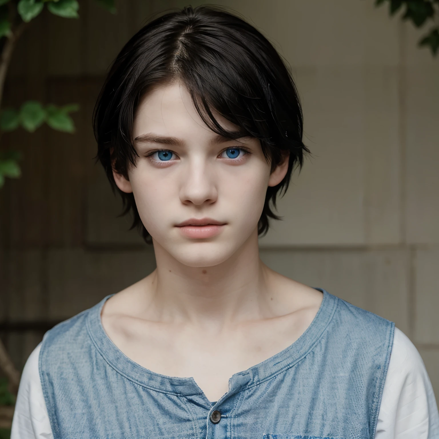 Boy with blue eyes and black hair with pale skin, 16 years old