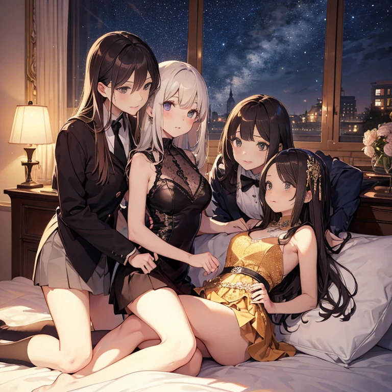 A group of young princesses, (in bedroom), various hair styles, harem, wearing royal dress, night, details face, , short skirt, seducing, sleeveless , showing armpits, night, starry night