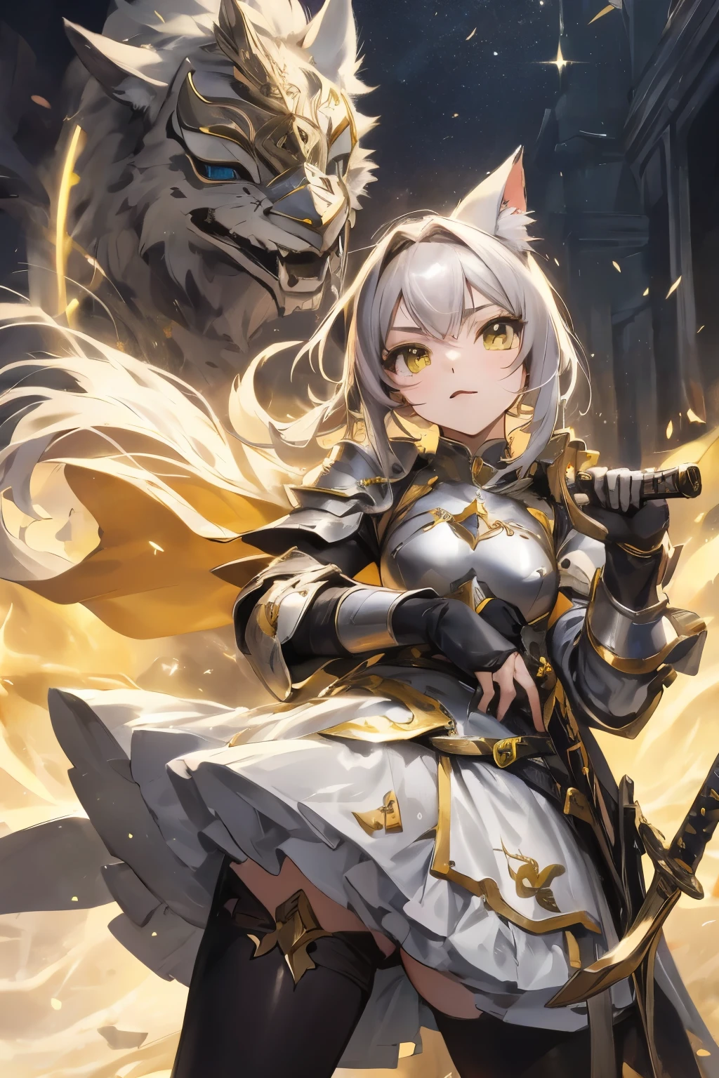 anime girl with cat and sword in front of a building, O Cavaleiro da Armadura do Gato Dourado, garota de armadura, linda Catgirl Anime,  gato branco, garota gato atraente, anime fantasy illustration, muito linda garota Anime Cat, arte chave detalhada do anime, arte digital detalhada de anime, arte de fantasia de anime, trends on artstation pixiv, arte detalhada de anime, arte detalhada de animework