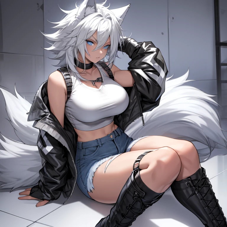 Single boy, Anime tomboy, Short, Long white hair, wolf ears, wolf tail, blue eyes, wearing short denim shorts, thigh high fishnets, black combat boots, wearing fur lined open jacket, flat chest, super flat chest, wearing cropped t-shirt, solo tomboy, only one female ((big breasts)) solo, alone, (SOLO)(ALONE) thicc thighs, wide hips, blue eyes, perfect eyes, perfect face, pouty lips, happy
