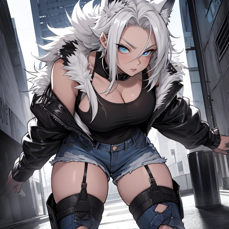 Single boy, Anime tomboy, Short, Long white hair, wolf ears, wolf tail, blue eyes, wearing short denim shorts, thigh high fishnets, black combat boots, wearing fur lined open jacket, flat chest, super flat chest, wearing cropped t-shirt, solo tomboy, only one female ((big breasts)) solo, alone, (SOLO)(ALONE) thicc thighs, wide hips, blue eyes, perfect eyes, perfect face, pouty lips, happy