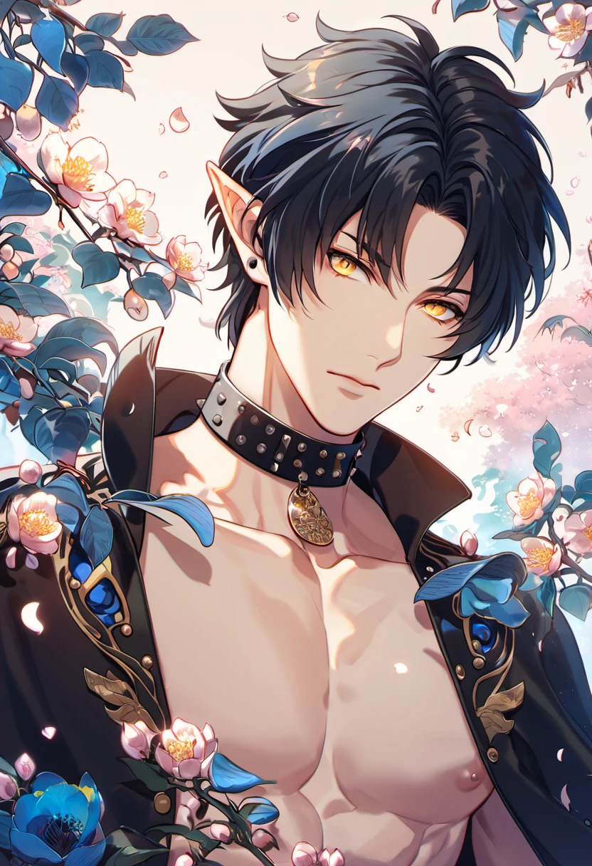absurdres, highres, ultra detailed, HDR, masterpiece, Ren, black hair, no bangs, expressive golden eyes, Dramatical Murder, 1man, handsome, bare chest, black cape, pointed ears, black collar with studs, decoration such as blue leaves, birds and blossoms, petals, garden