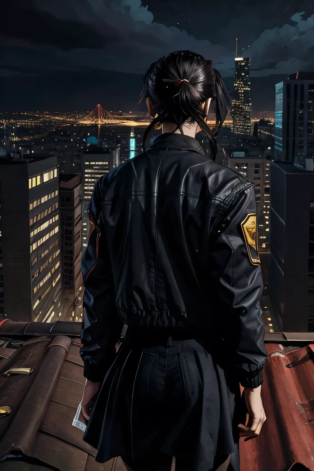 beautiful, masterpiece, best quality, perfect lighting, concept art, city skyline background, 1girl, age, magical demon hunter in plain clothes, jacket, shoulder length hair, black hair, ponytail, (facing away:1.5), on top of a roof, cinematic, ultra long shot, mysterious and foreboding, monsters in the background