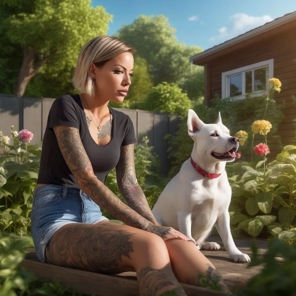 realistic, 8K, Laurence bedard is in her garden playing with her dog and wearing denim shorts and a T-shirt, her full body tattoo can be seen and its sunny day, hot, the garden is the setting for the background