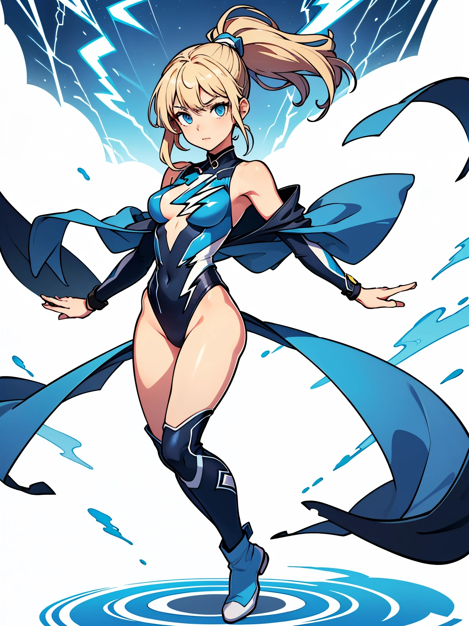 1girl, tall body, light blonde hair, aquamarine eyes, boots, breasts, bracelets, full body, hair ornament, ((shoulder-length hair, ponytail, bangs)), full body with costume, ((leotard, perfect leotard, gymnast_outfit leotard, white leotard with blue accents, bare legs)), hi-tech shoulder pads, (white boots), medium breasts, perfect hands, complete fingers, perfect anatomy, perfect proportions, solo, solo focus, superhero, ((blue lightning logo on chest)), beautiful detailed eyes, beautiful detailed face, age 18, asuka suit, full body portrait, She spins at an incredible speed, creating a whirlwind of air around her