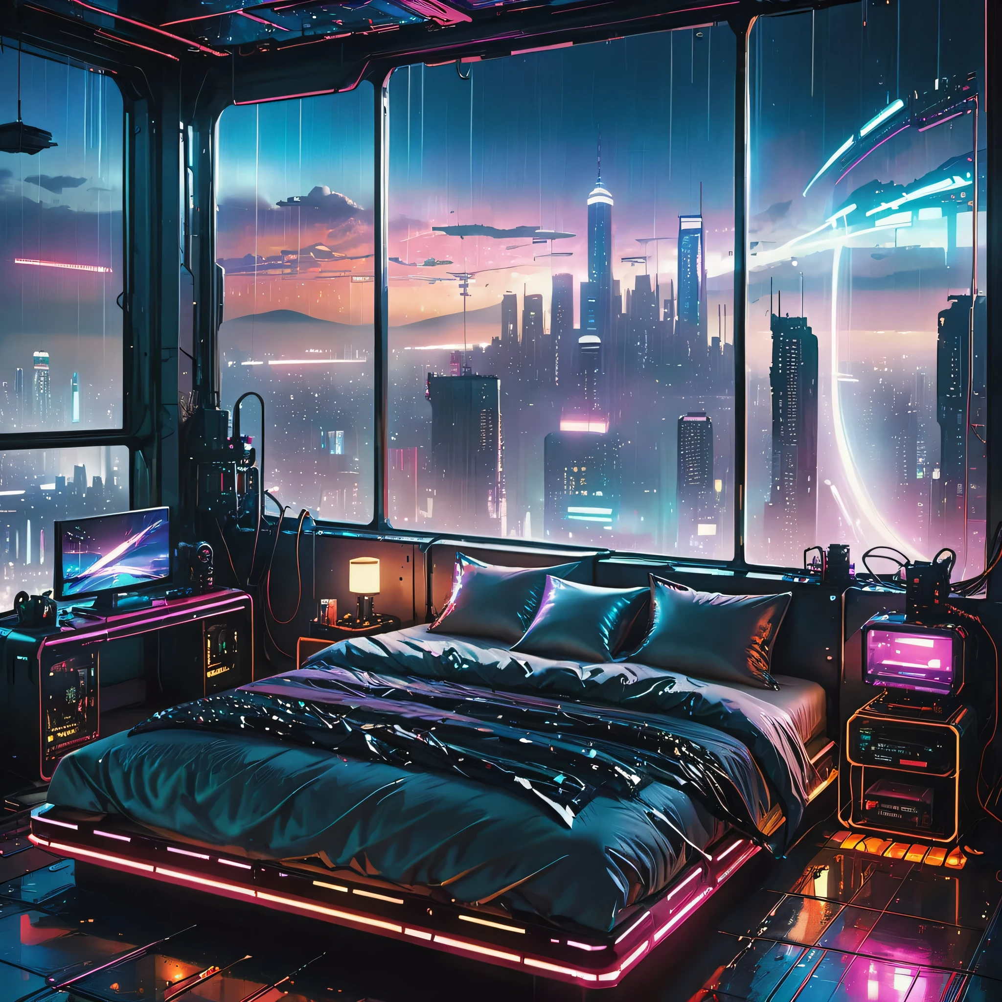 arafed bed in a room with a view of a city at night, cyberpunk bedroom at night, the cyberpunk apartment, dystopian city apartment, cyberpunk apartment, bladerunner apartment, hyper realistic cyberpunk city, cyberpunk teenager bedroom, hyper-realistic cyberpunk style, cyberpunk aesthetics, cyberpunk aesthetic, cyberpunk atmosphere, 3 d render beeple, cyberpunk dreamscape, blade runner vibes