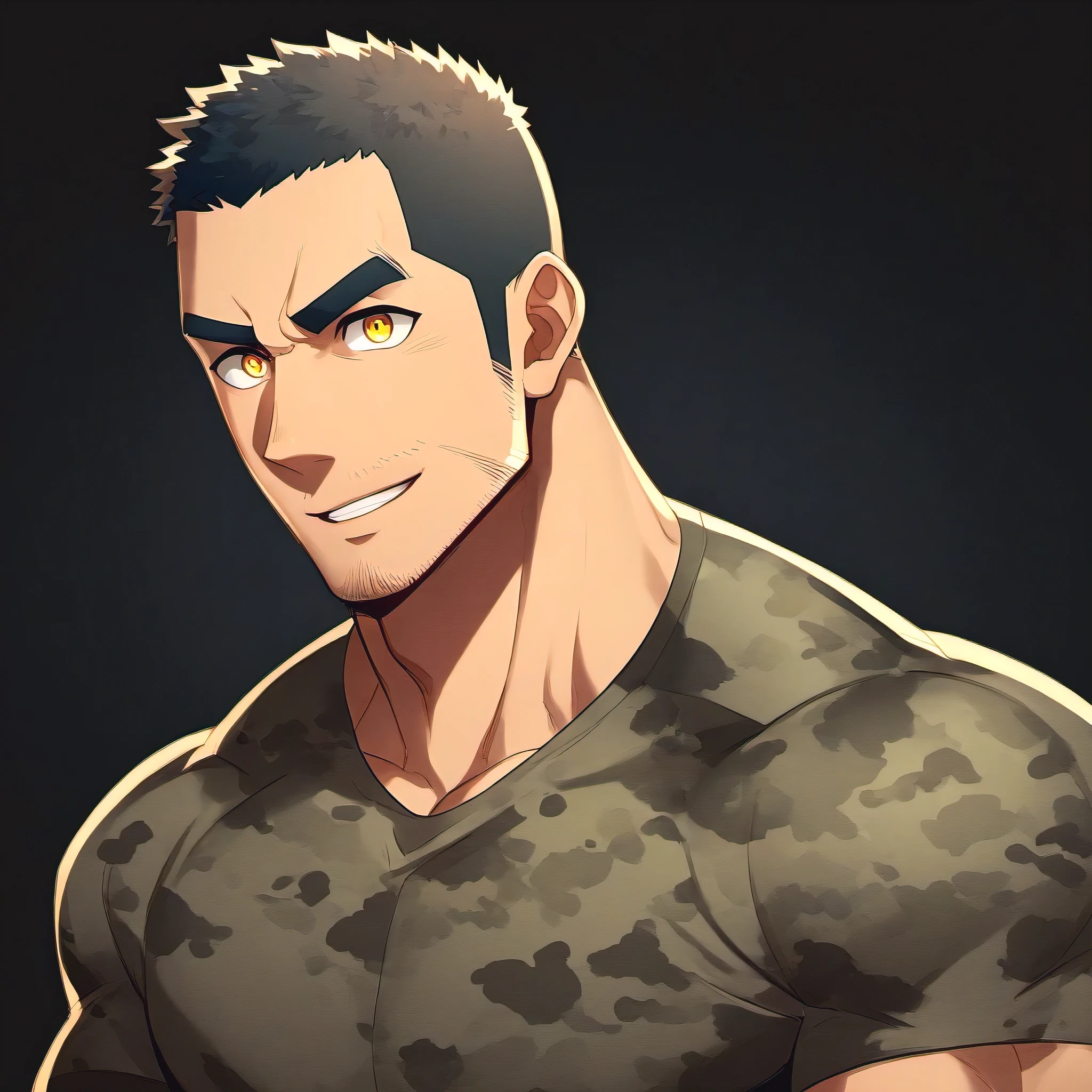 anime characters：Gyee, Fitness coach, 1 muscular tough guy, Manliness, male focus, Camouflage tight T-shirt, Slightly transparent, muscular male, muscular, only, Upper body, alone, Black short hair, Thick eyebrows, stubble, Yellow eyes, Black background, simple background, amazing quality, best aesthetics, Ridiculous, bright pupils, crew cut, parted lips, embarrassed, forced smile, drop shadow, best quality