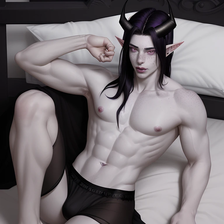 A male. A man with long, purplish black hair. white/Korean ethnicity. pale skin. elf ears. horns on his head. freckled face. White eyes. lip piercings. He is shirtless, lying on a bed, wearing only black boxers. Athletic build with broad shoulders and freckles on the shoulders, pale skin
