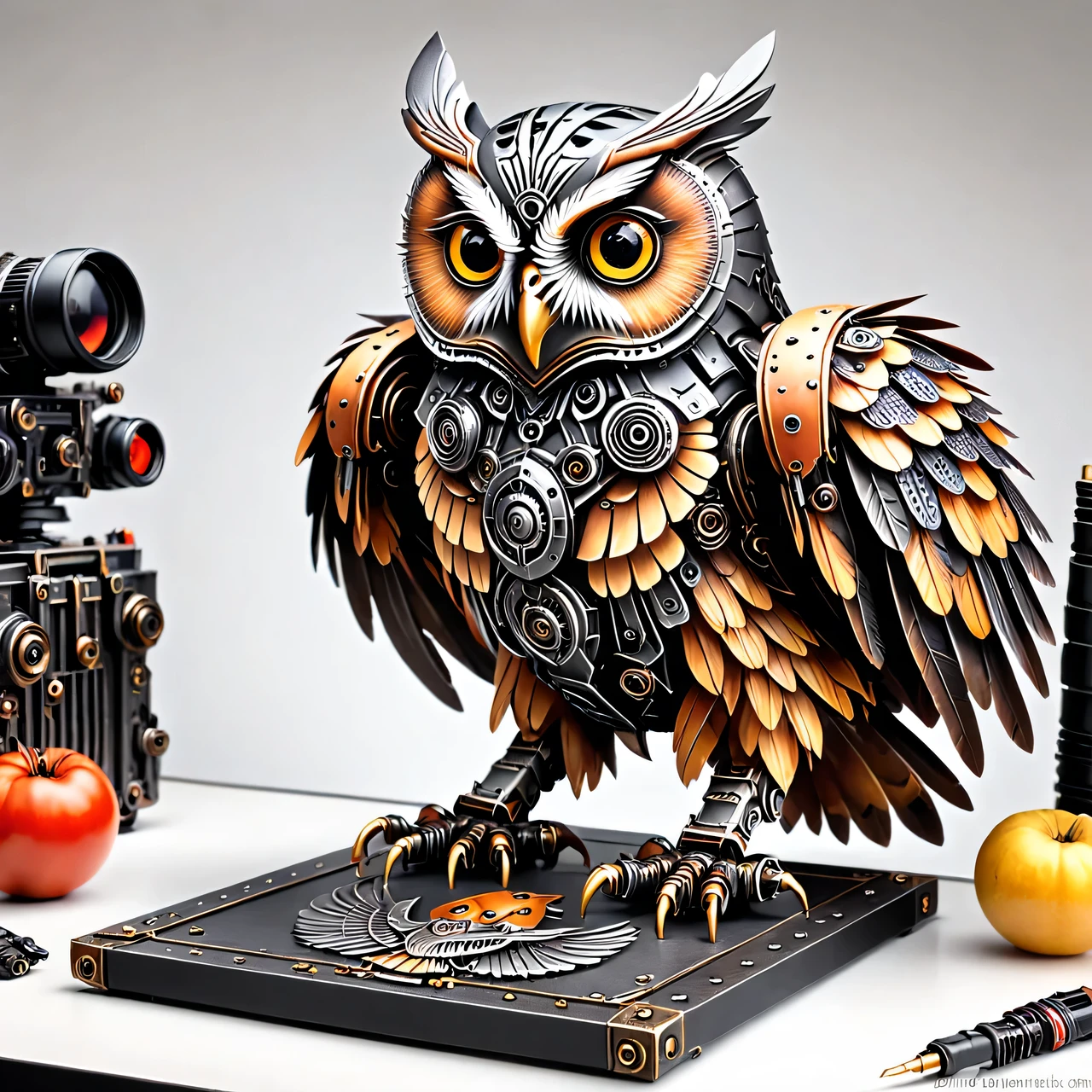 there is a small owl sitting on a table with a white background, hyperrealistic robot owl, spotted ultra realistic, chicken 🐔 mixed with owl, highly detailed creature, detailed big eyes, extremely detailed and lifelike, alien owl, highly realistic and detailed, detailed creature, extremely highly detailed, extremely realistic and detailed, very very highly detailed, realistic highly detailed