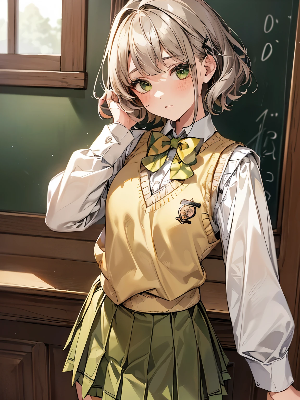 1 girl, Solo, Cute Girl, 16 years old, Best Quality, Ultra-detailed, 8K, High resolution, Detailed face, gray hair, medium short hair, (((tareme, downer))), (((school uniform, knitted vest, light yellow vest, bowtie, long sleeve shirt, pleated skirt, green skirt))),
