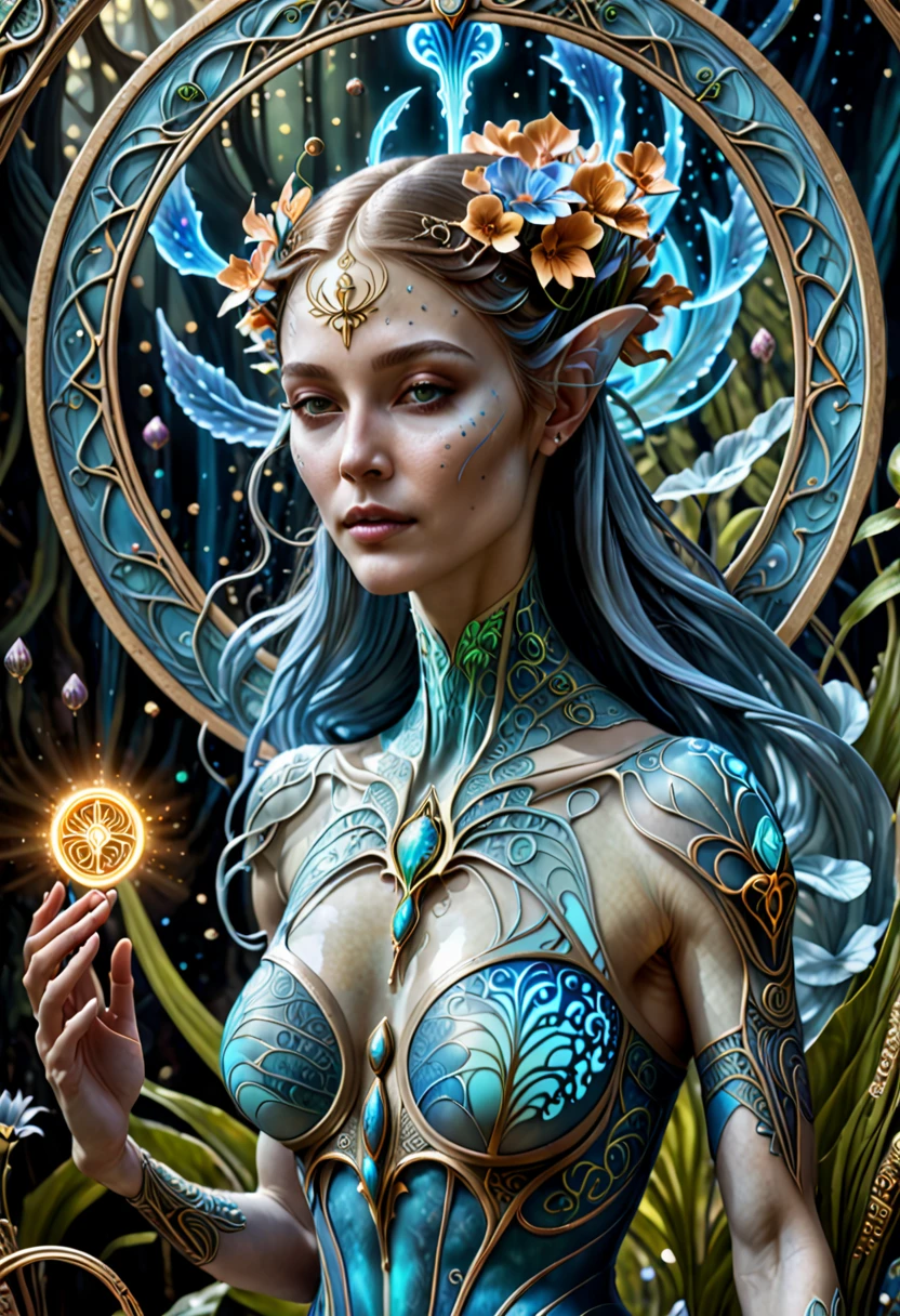 best quality,4k,8k,highres,masterpiece:1.2,ultra-detailed,realistic:1.37,HDR,UHD,studio lighting,ultra-fine painting,sharp focus,physically-based rendering,extreme detail description,professional,art nouveau,tarot card style,dynamic angle, action shot,dynamic pose, blissful facial expression, beautiful alien female,creatures from outer space, cyborg style,((the composition focal point is an alien female praying with a circle of glowing magical symbols floating in front of her:1.5)), (A glowing circle of protection, with runic symbols, is floating in front of the woman), fractalized, android,(wearing a organic exoskeleton),glass exoskeleton,alien flora,(exotic alien flora background with bioluminescent fungi),vivid colors,beige and pale blue hues,trending on cgsociety,landscape,(horror),sci-fi,concept artists,dark and vibrant colors,dreamy lighting