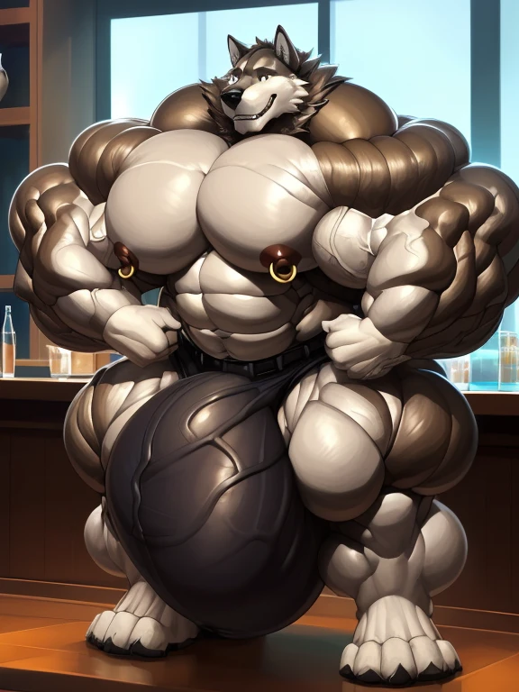 4k, high resolution, best quality, perfect lightning, perfect shadows, solo, anthro, young, boy,tall white wolf:2.0, furry body, (fluffy mane:1.2), fluffy tail, male, adult, (bulky2:0, thick muscles2:0, huge muscles:2.0, hyper muscles:2.0), (thick biceps, veiny biceps, big broad veiny pecs:2.0, broad shoulders:2.0), (thick legs, thick calves:1.1), (digitigrade legs, 4 toes:1.2), (huge bulge:2.0, hyper bulge:2.0), perfect colors, (photorealistic fur, detailed fur, epic, masterpiece), (suggestive posing:1.2), (seductive smile, lustful grin 1.3), detailed modern bar, (tie, black shorts), detailed wolf eyes:2.0, by k0suna, by darkgem,nipple ring,big pecs:2.0,hyper arms:2.0,veins,massive bulge:2.0,veiny bulge