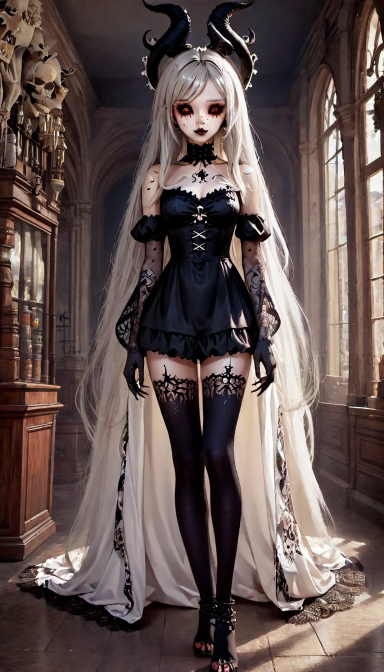 Cute Dragon girl, pretty eyes, cool expression, long white hair, full body shot, seductive, portrait quality, 8K resolution, rich details, small round face, maid, hand cupped face, white rose hair accessory ,showing , fair skin, mood lighting, wearing thin transparent cloth, aperture f/1.2, beautiful bright background, nude, white