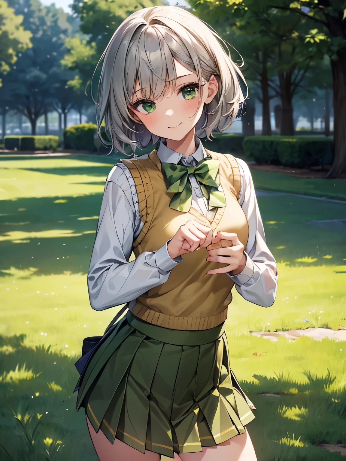 1 girl, Solo, Cute Girl, 16 years old, Best Quality, Ultra-detailed, 8K, High resolution, Detailed face, gray hair, medium short hair, light smile, happy, (((school uniform, knitted vest, light yellow vest, bowtie, long sleeve shirt, pleated skirt, green skirt))),