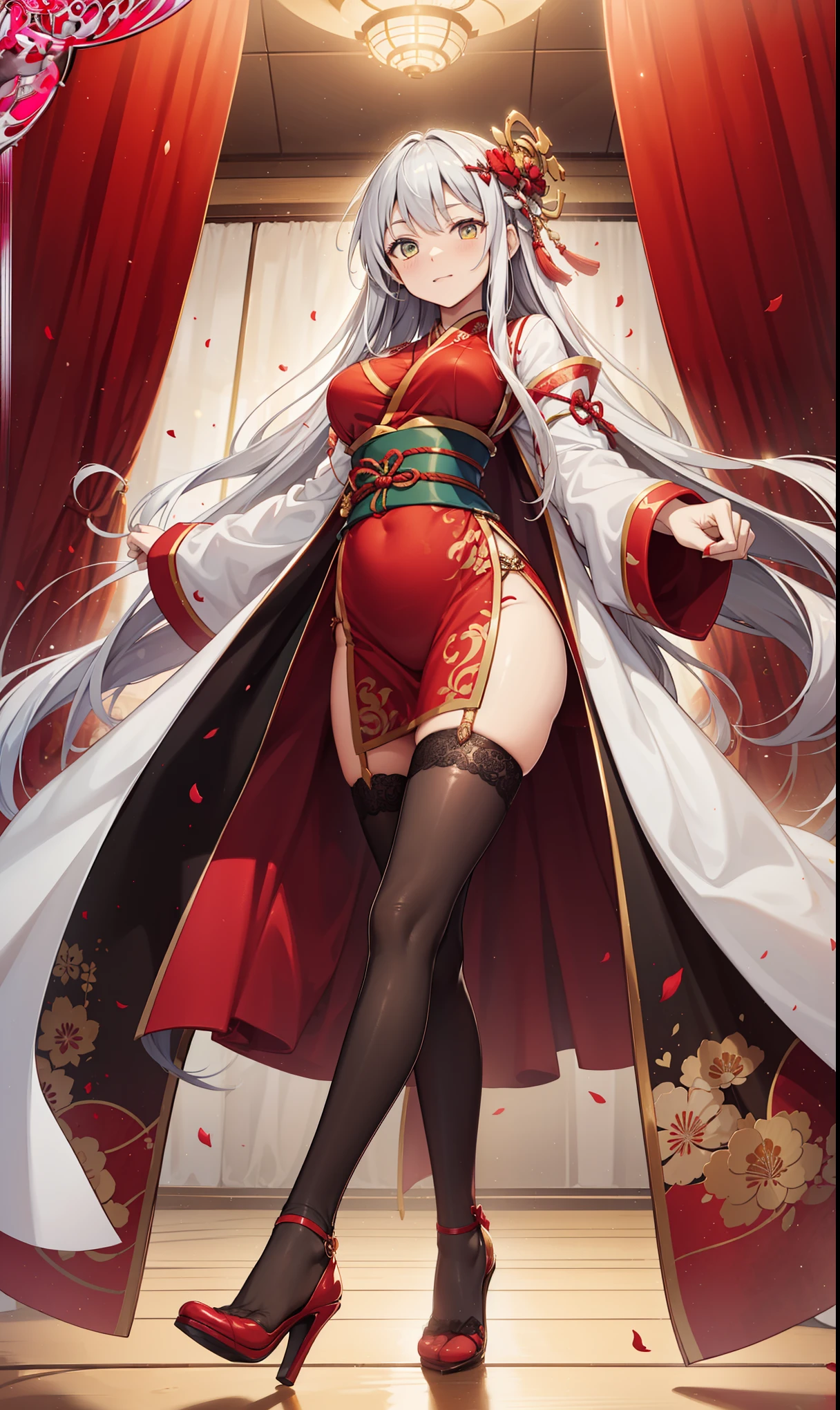 incredibly absurdres,fantasy,valentine,bar,yellow long shan,pelvic_curtain,print_cheongsam,long_coat,haori,high_heels,thighhighs,