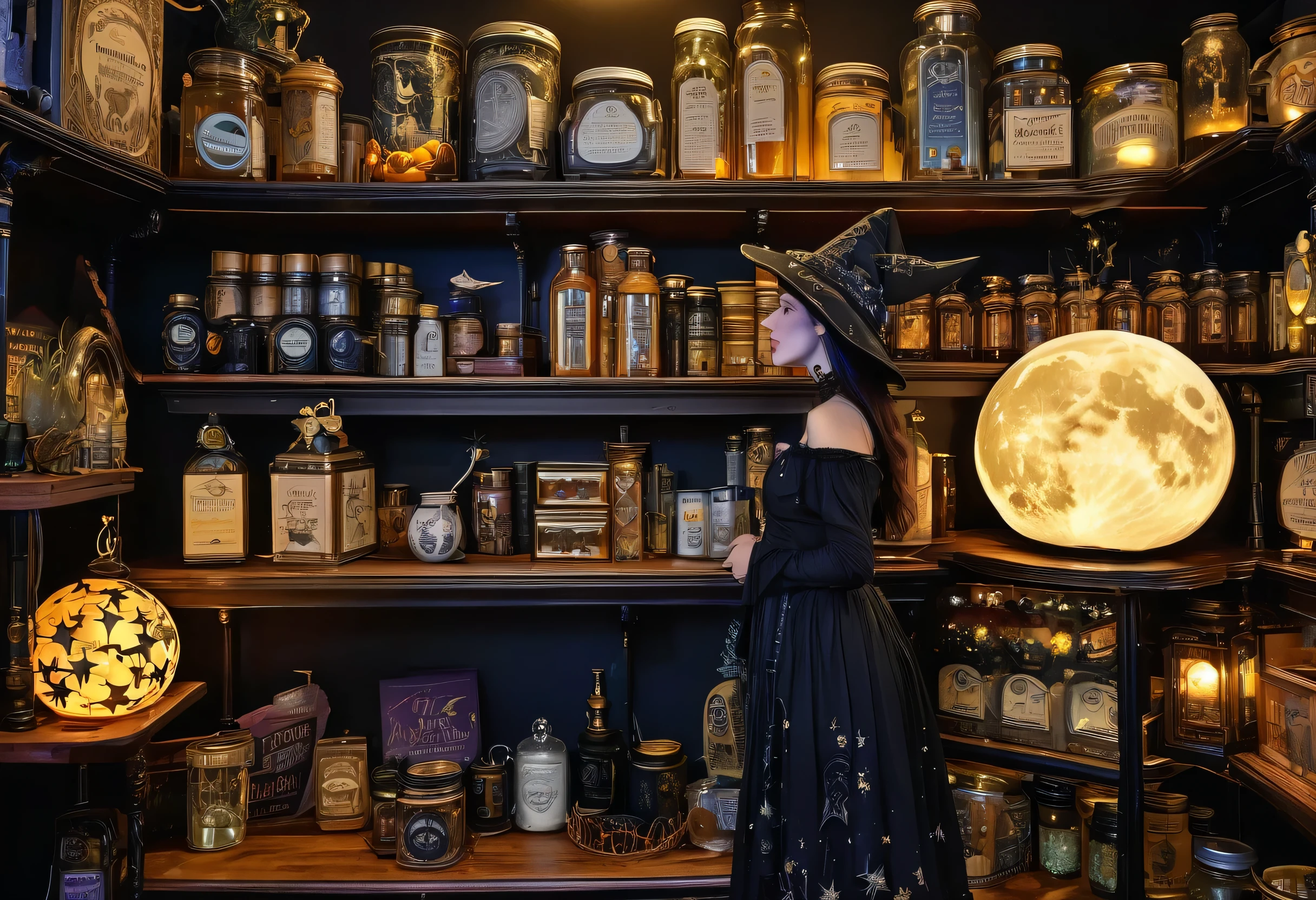There are many items on the store shelves, Photo credit:John Moonan, Pixabay Contest Winner, art nouveau, witch costume, Moonshine, Designed for a cozy aesthetic!, ✨🕌🌙, satellite, moonless night, illuminated by moonlight, Star and moon themed, nighttime illuminated by moonlight, moonlight, dream-like