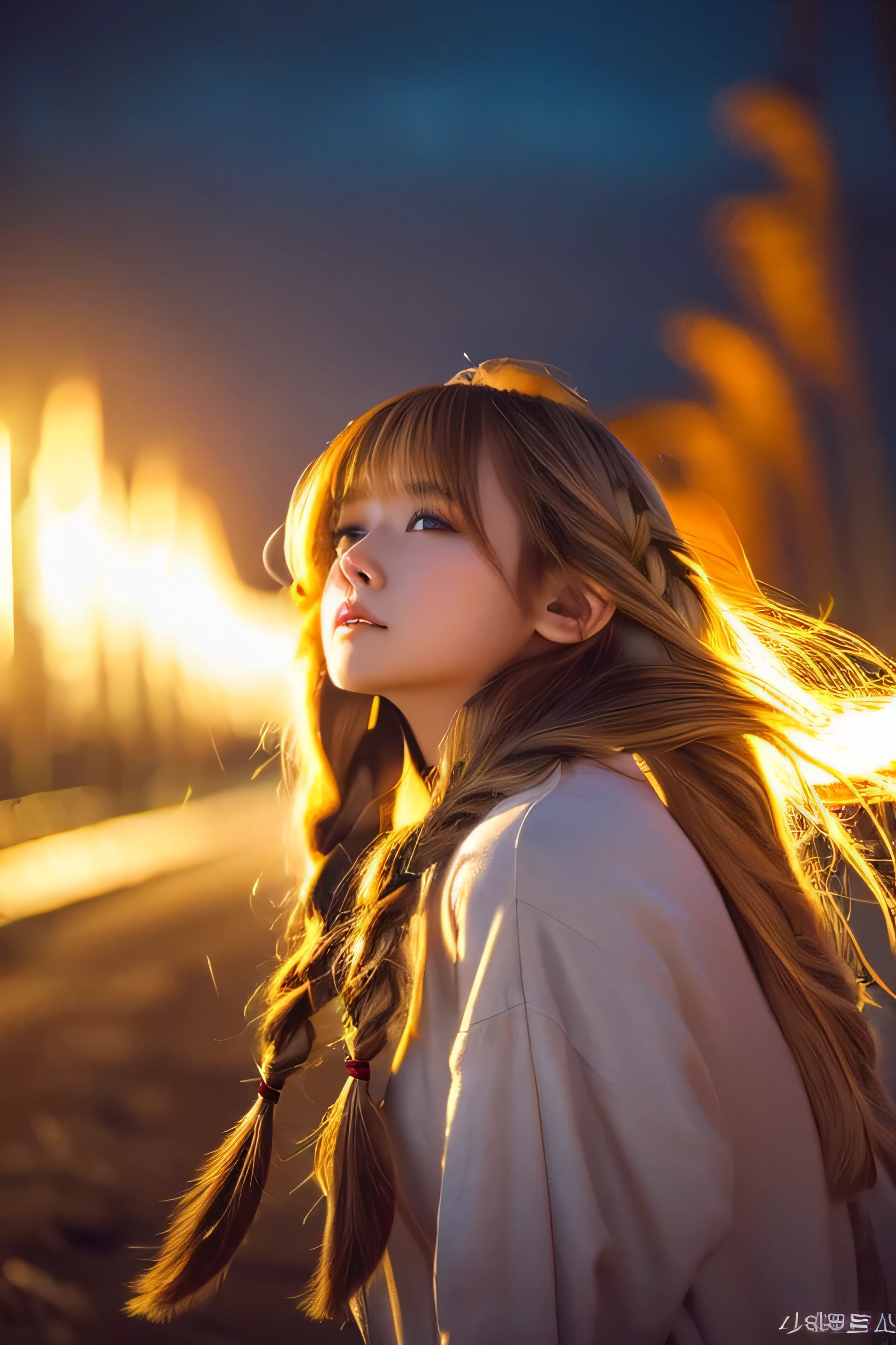 ((hair blowing in the wind、No makeup:1.2))、(realistic、Photoreal、super detailed、best detailed skins、highest quality、masterpiece、超A high resolution)、cute russian woman、、high school girl、young girl、1 girl、have bangs、ash blonde:1.7、double eyelid、drooling eyes、Japanese style face、purity、realistic skin type、fluffy hair、red cheeks、The wind is blowing、night、illumination、lighting from behind、hair blowing in the wind、firm chest、((short hair))、((braid hair))