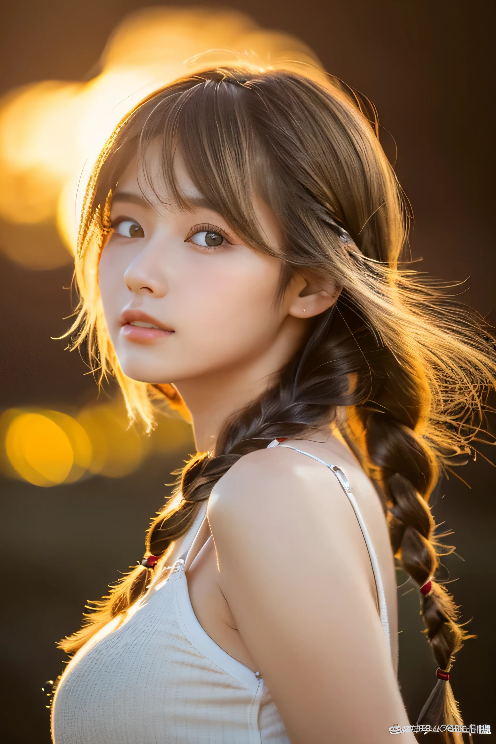 ((hair blowing in the wind、No makeup:1.2))、(realistic、Photoreal、super detailed、best detailed skins、highest quality、masterpiece、超A high resolution)、cute russian woman、、high school girl、young girl、1 girl、have bangs、ash blonde:1.7、double eyelid、drooling eyes、Japanese style face、purity、realistic skin type、fluffy hair、red cheeks、The wind is blowing、night、illumination、lighting from behind、hair blowing in the wind、((firm chest))、((short hair))、((braid hair))、((Tank top))