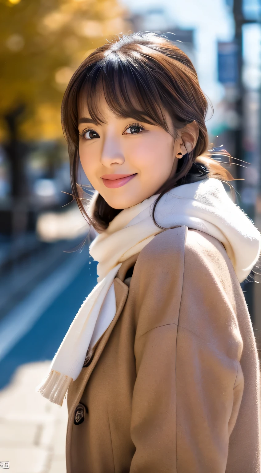 blush,random hair,big ribbon in her hair,(8K, Raw photo, highest quality, debris flies:1.2), (reality, realistic:1.4), ,sharp focus on something huge , big breasts, cinematic lighting, soft light, Details beauty eye,shiny and smooth skin, asymmetrical bangs, shiny skin, super dense skin ,High resolution, random hairスタイル, detailed hairstyle, Detailed beauty faces, hyper real, perfect limbs, perfect anatomy ,1 Japanese girl,famous japanese idol, perfect female body,shy smile,short eyelashes,double eyelid,look straight here,,Attach a ribbon, wearing a scrunchie,wearing a long coat,street,stand up straight and face me,so that the whole body can be seen,winter,warm clothes,look straight at me,wearing a scarf,european cityscape,cobblestone road,big breasts、Wearing star earrings
