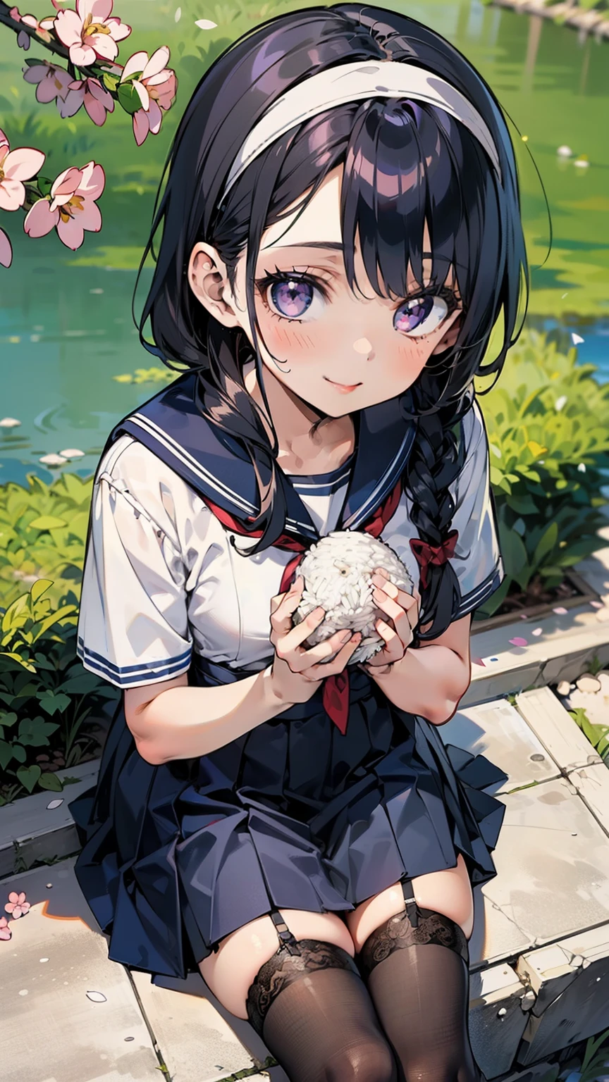 ailor suit, one woman, (a beauty woman, delicate schoolgirl:1.3), 8K, highest quality, masterpiece, Super detailed, ultra high resolution, realistic, RAW photo, absolute resolution, black hair, braid hair, small face compared to body, very small face, black hair, navy blue sailor suit, navy blue skirt, High school girl wearing a sailor suit, Anime 2D rendering, realistic若いアニメの女子高生, , ((white headband)), position looking down from above, small breasts, tall, slanted eyes, purple eyes, black stockings, garter belt, smile, Sitting under the cherry blossom trees, (Hold rice balls in both hands:1.3),